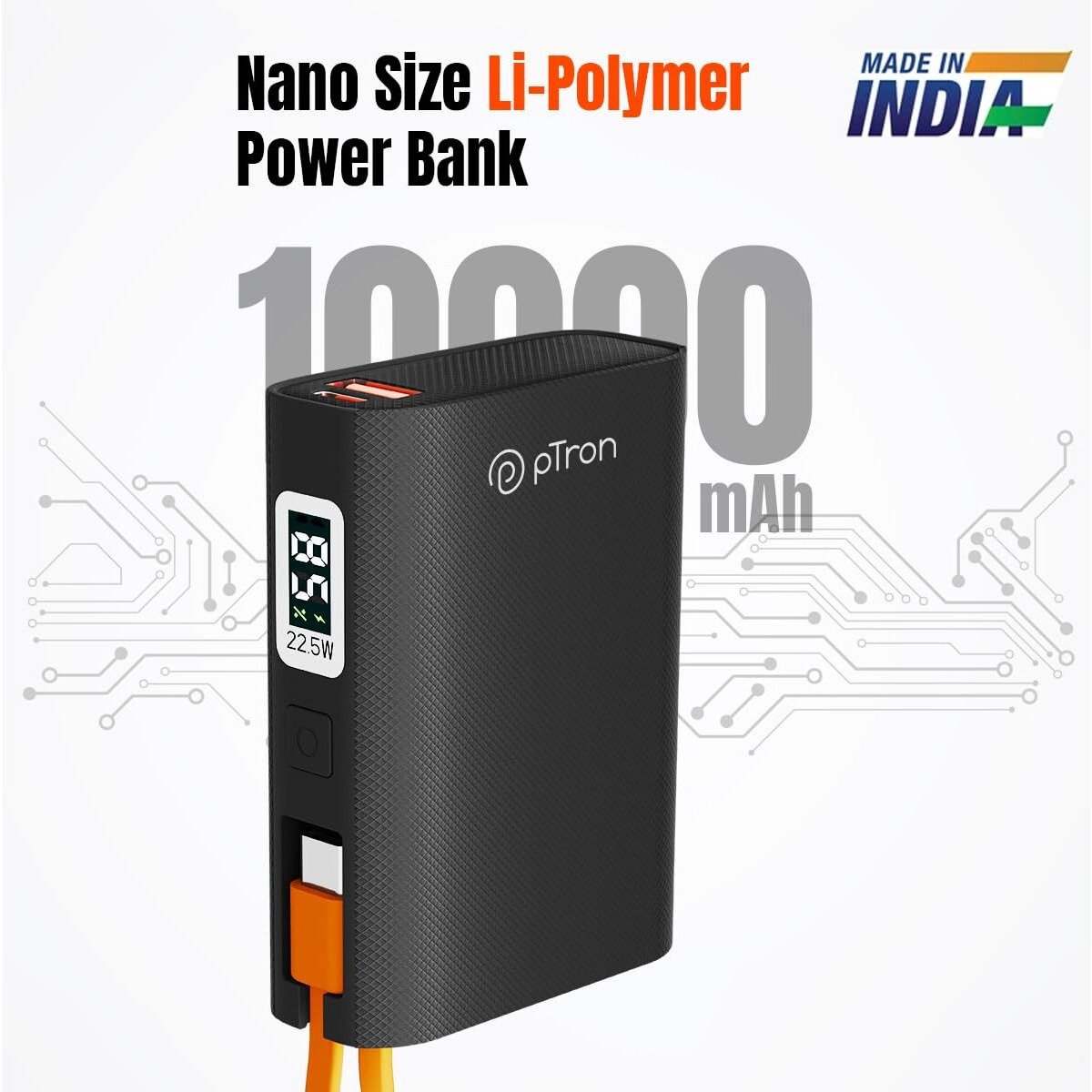 pTron Dynamo Rush 10000mAh 22.5W Nano Power Bank, Compact Size Fast Charging, Supports VOOC/Wrap/Dash USB Charging, 20W PD Fast Charging, Built-in Type C Cable, 2 Output Ports & BIS Certified (Black)