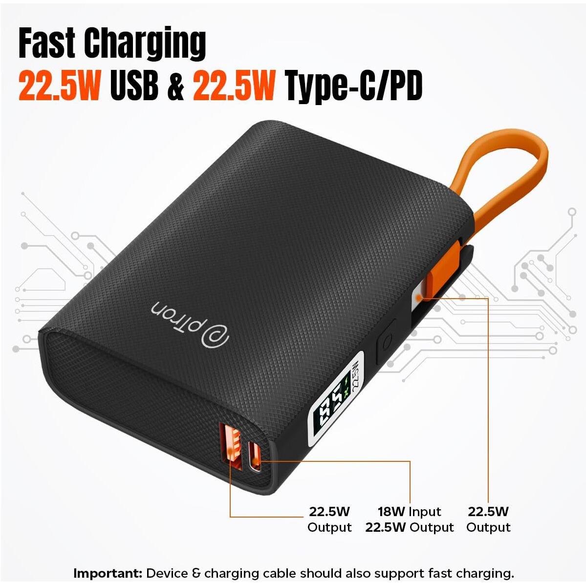 pTron Dynamo Rush 10000mAh 22.5W Nano Power Bank, Compact Size Fast Charging, Supports VOOC/Wrap/Dash USB Charging, 20W PD Fast Charging, Built-in Type C Cable, 2 Output Ports & BIS Certified (Black)