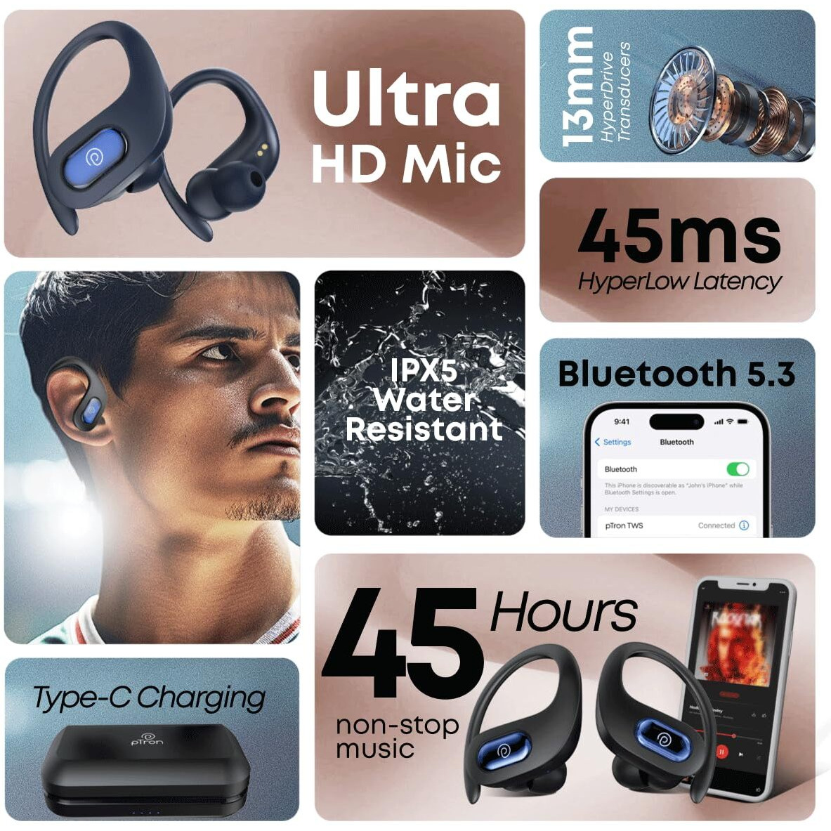 pTron Bassbuds Sports In-Ear TWS Earbuds with Ultra HD Mic, 13mm HyperDrive Transducers with Bass Emitters, 45H Playtime,45ms HyperLow-Latency,BTV5.3 Wireless Headphones, Type-C Charging & IPX5(Black)