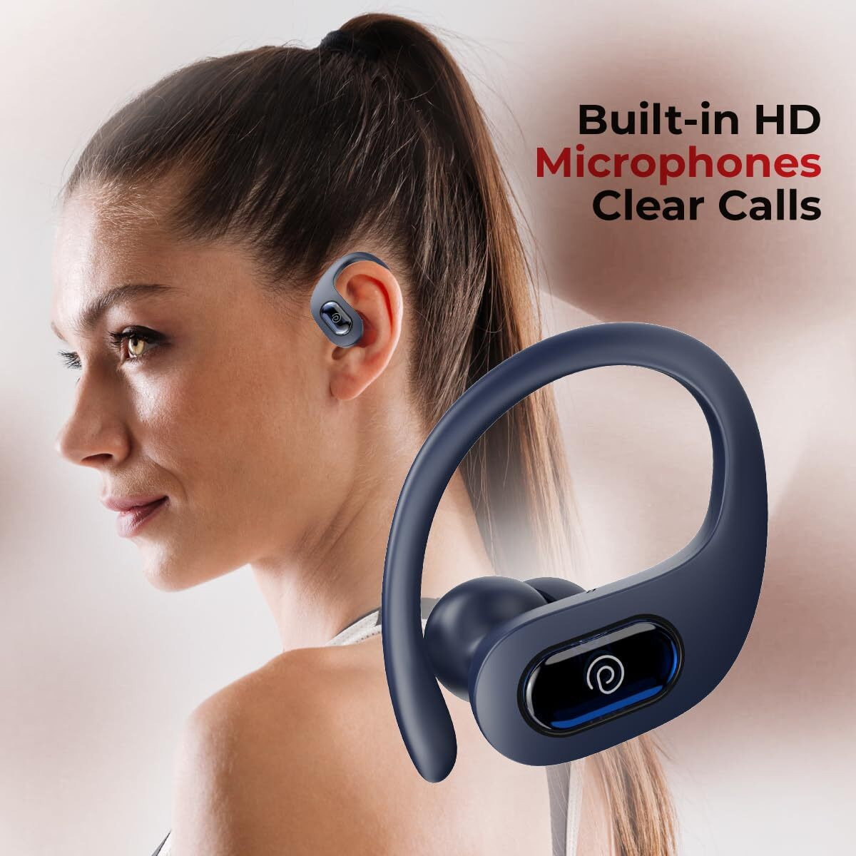 pTron Bassbuds Sports In-Ear TWS Earbuds with Ultra HD Mic, 13mm HyperDrive Transducers with Bass Emitters, 45H Playtime,45ms HyperLow-Latency,BTV5.3 Wireless Headphones, Type-C Charging & IPX5 (Blue)