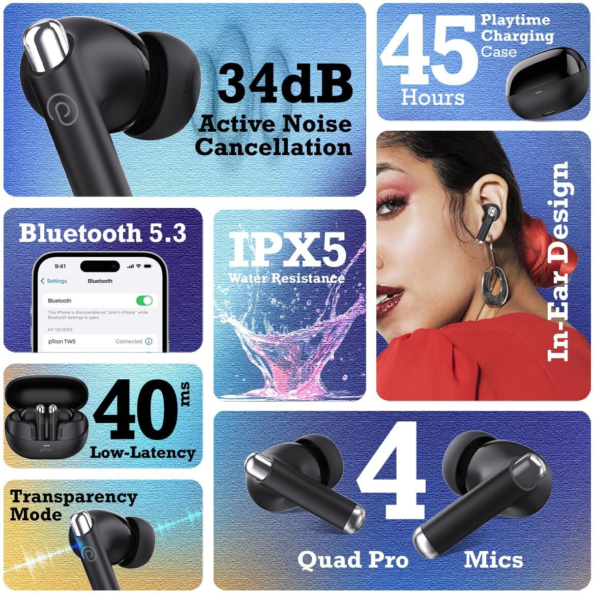 pTron Newly Launched Zenbuds Evo X5 34dB ANC TWS Earbuds, Transparency Mode, 4 Mic ENC Calls, 45H Playtime, 40ms Low-Latency, in-Ear Bluetooth 5.3 Wireless Headphones & Type-C Charging (Black)