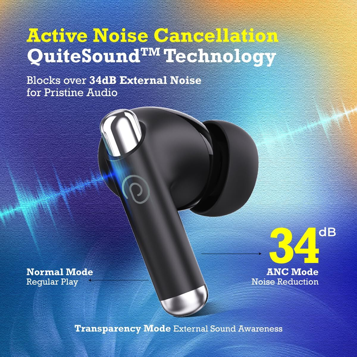 pTron Newly Launched Zenbuds Evo X5 34dB ANC TWS Earbuds, Transparency Mode, 4 Mic ENC Calls, 45H Playtime, 40ms Low-Latency, in-Ear Bluetooth 5.3 Wireless Headphones & Type-C Charging (Black)