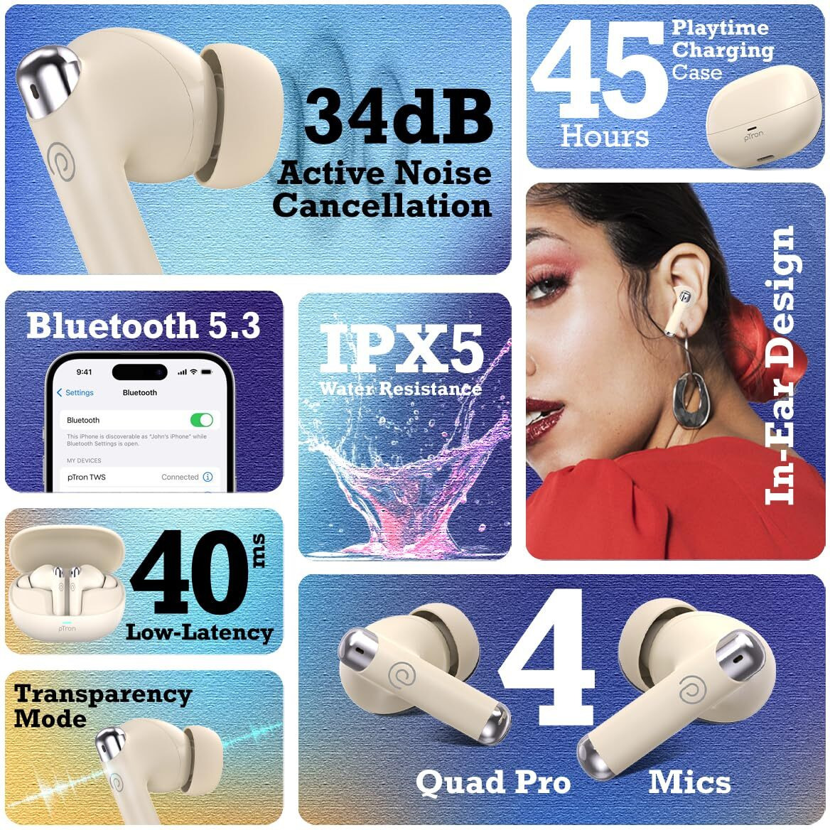 pTron Newly Launched Zenbuds Evo X5 34dB ANC TWS Earbuds, Transparency Mode, 4 Mic ENC Calls, 45H Playtime, 40ms Low-Latency, in-Ear Bluetooth 5.3 Wireless Headphones & Type-C Charging (Pearl White)