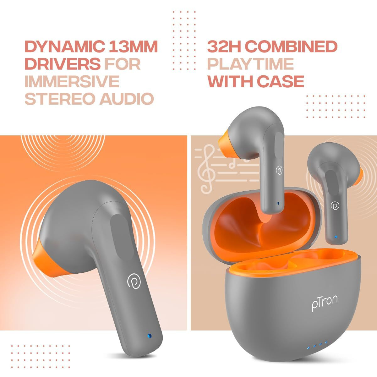 pTron Bassbuds NX in-Ear TWS Earbuds, TruTalk AI-ENC Calls, 32H Playtime, 13mm Drivers, Bluetooth 5.3 Wireless Headphones, Voice Assistant, Type-C Fast Charging & IPX5 Water Resistant (Cool Gray)