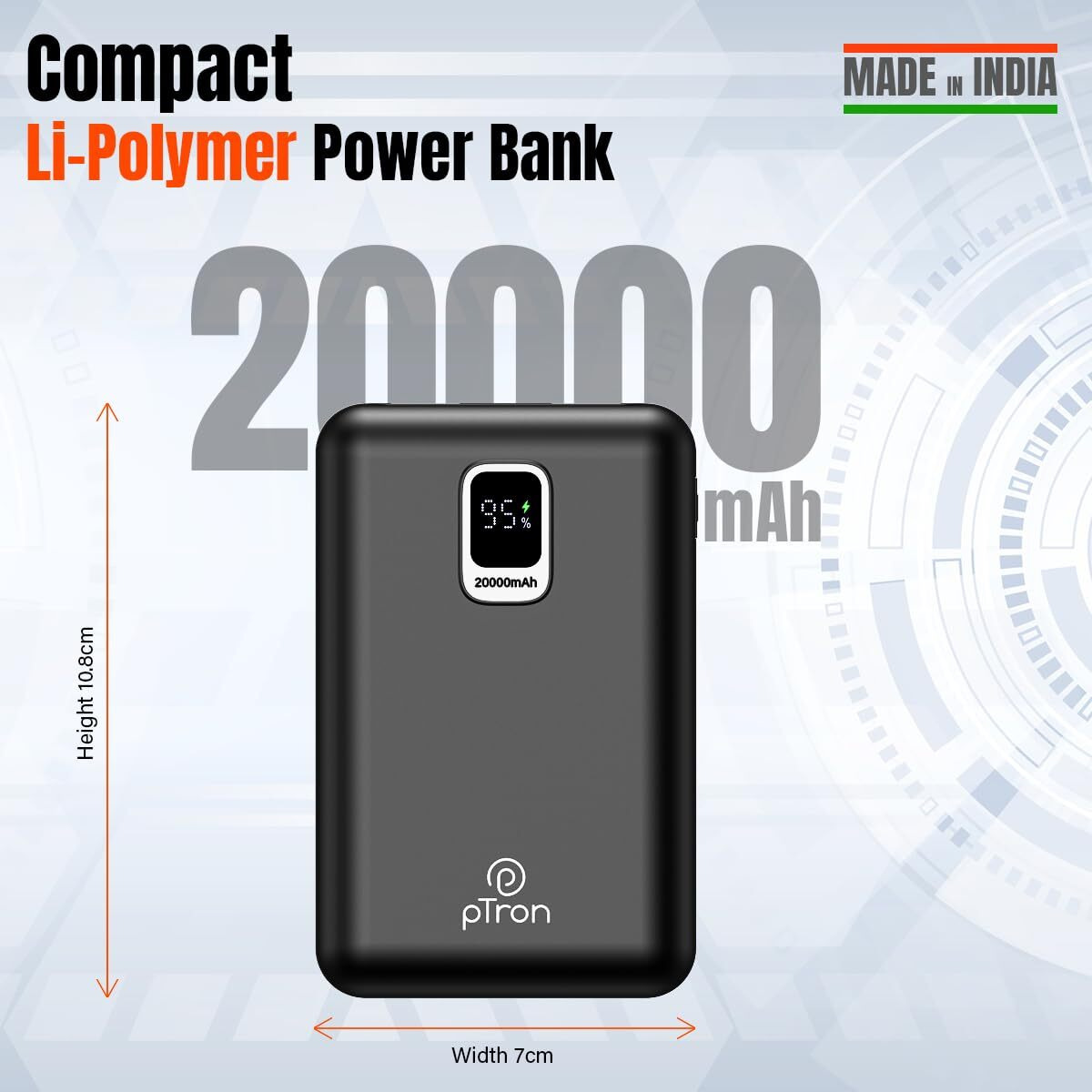 pTron Dynamo Ultra 20000mAh Power Bank, 22.5W Superfast Charging, Compact Size, Type-C/PD 20W Fast Charging, Supports VOOC/Wrap/Dash/Quick Charge Protocols, 3 Output Ports, Type-C Input/Output (Black)