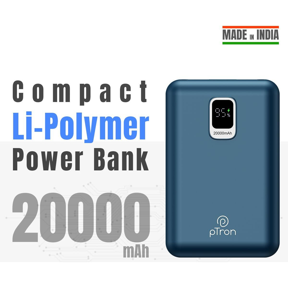 pTron Dynamo Ultra 20000mAh Power Bank, 22.5W Superfast Charging, Compact Size, Type-C/PD 20W Fast Charging, Supports VOOC/Wrap/Dash/Quick Charge Protocols, 3 Output Ports, Type-C Input/Output (Blue)