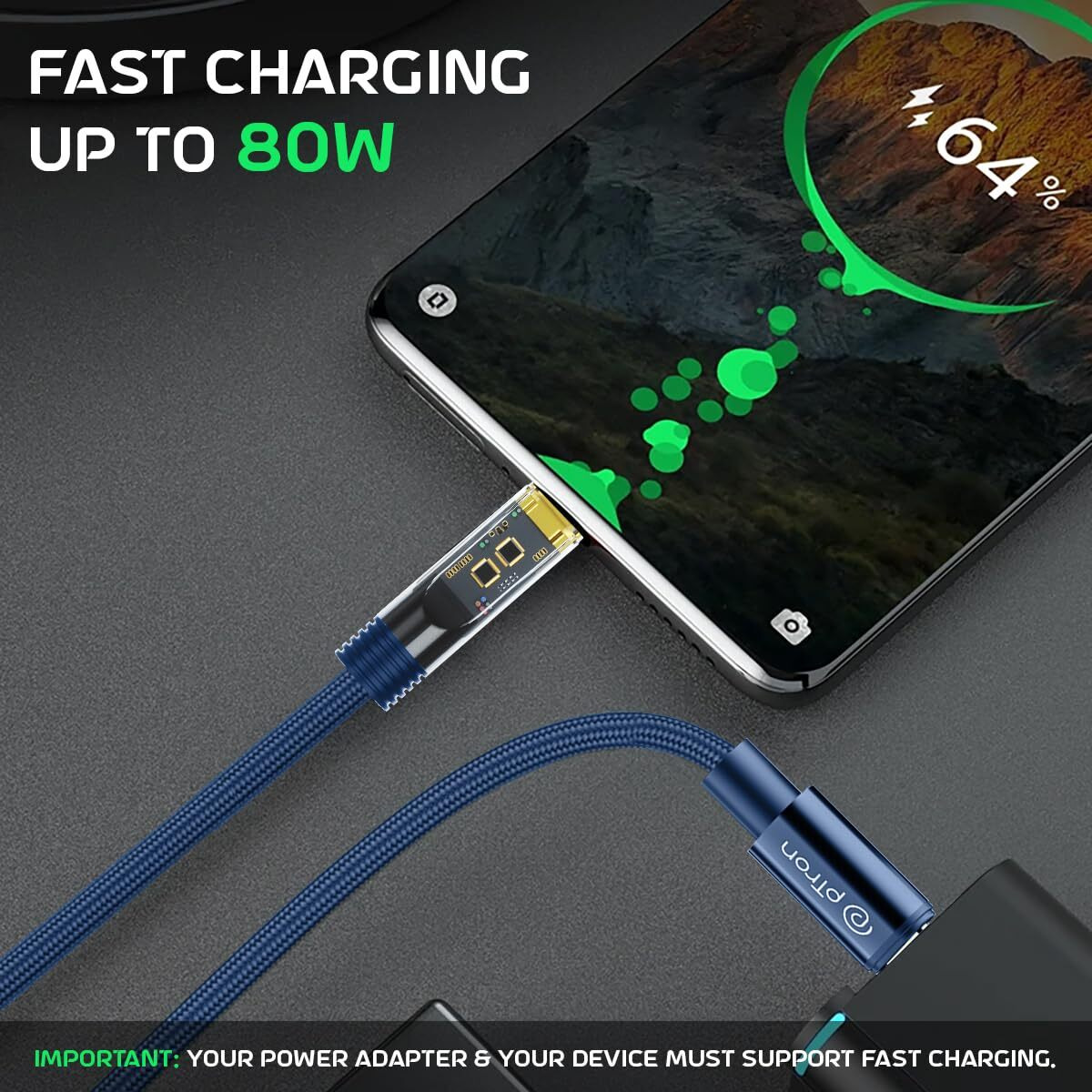 pTron Solero 80W Type-C to Type-C Fast Charging USB Cable, Compatible with Samsung, OnePlus, Oppo, Vivo,Xiaomi & Other Type-C Devices, Unbreakable Nylon Braid & 480Mbps Data Sync Speed (1m, Bold Blue)