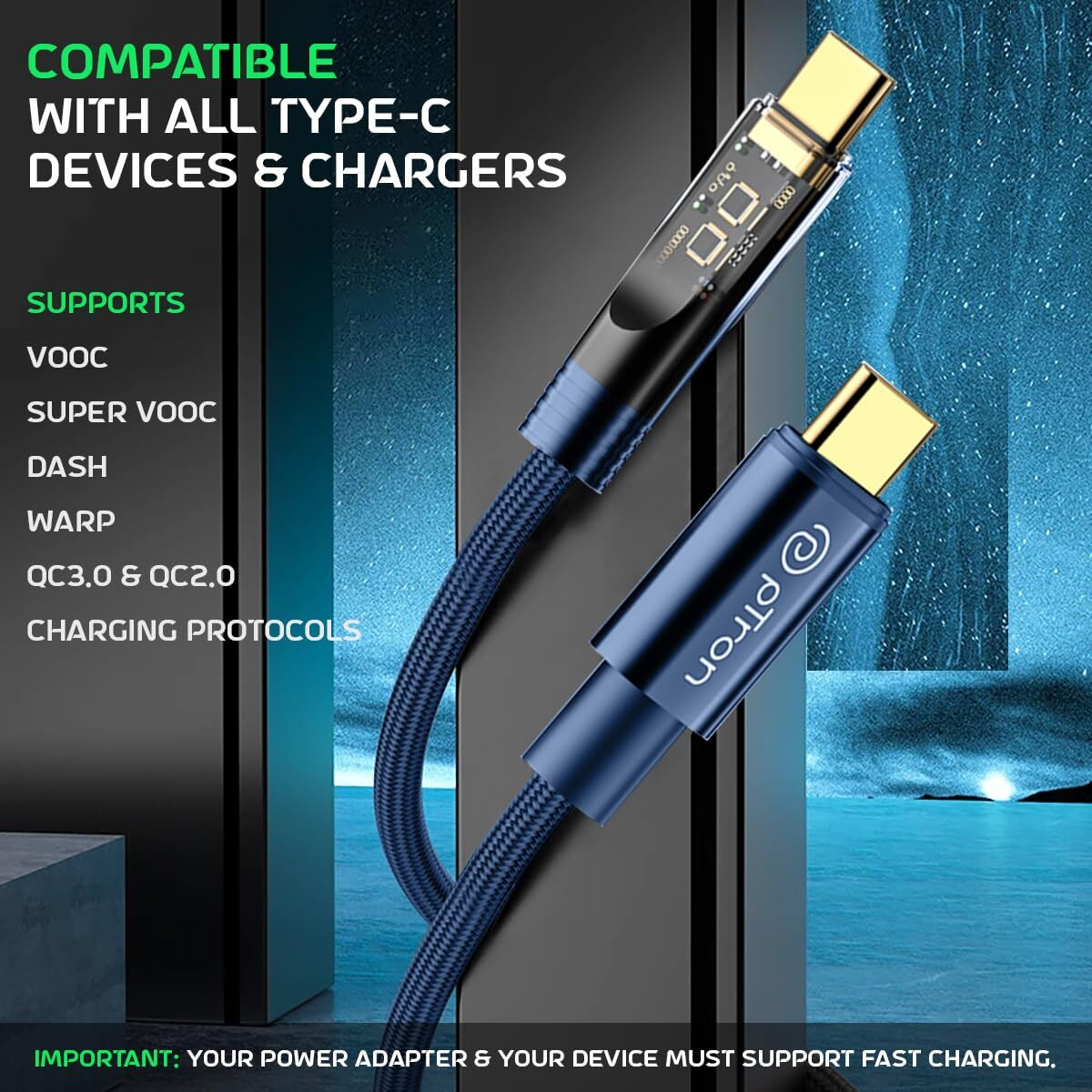 pTron Solero 80W Type-C to Type-C Fast Charging USB Cable, Compatible with Samsung, OnePlus, Oppo, Vivo,Xiaomi & Other Type-C Devices, Unbreakable Nylon Braid & 480Mbps Data Sync Speed (1m, Bold Blue)