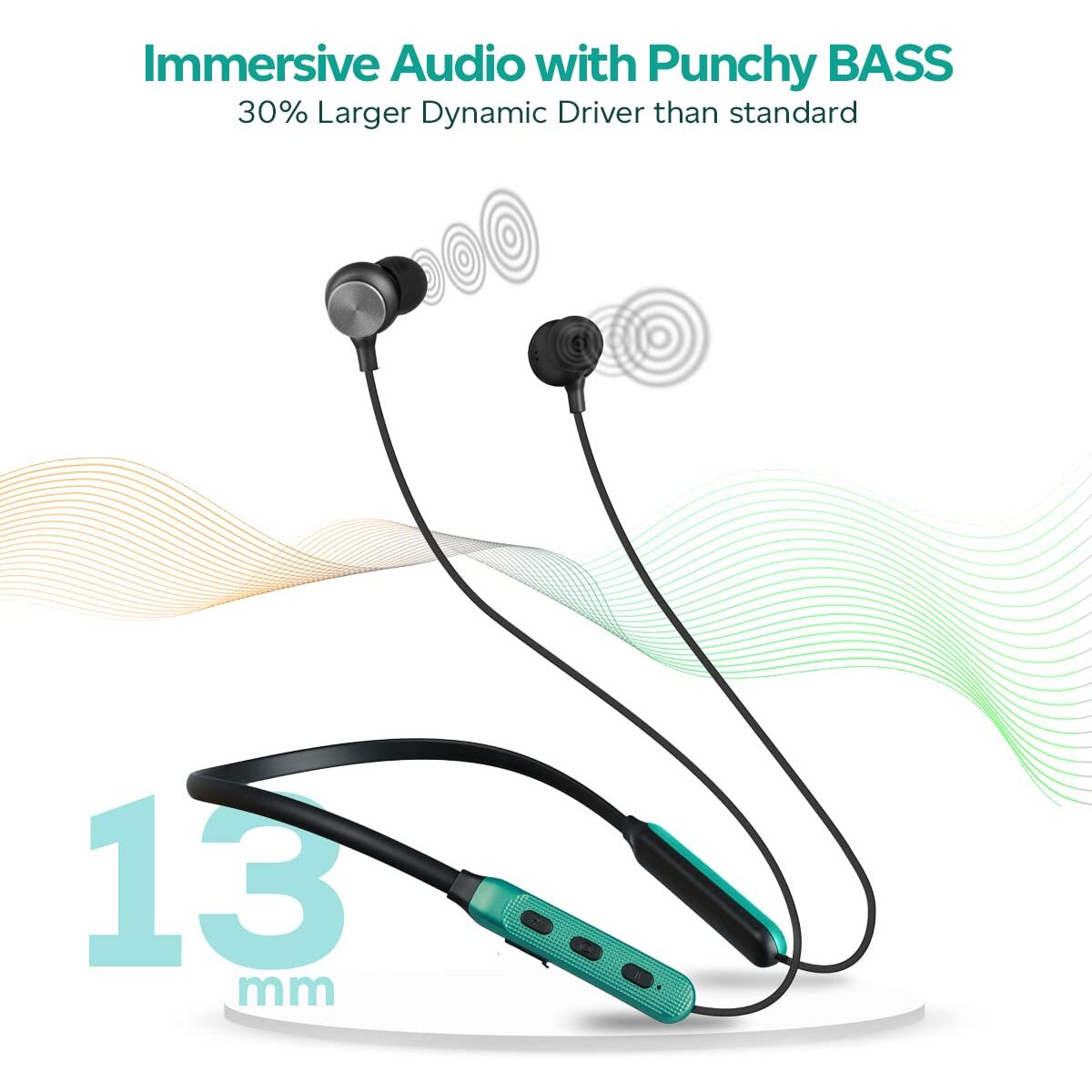 pTron Tangent Duo In-Ear Wireless Headphones with Mic, 13mm Driver, Bluetooth V5.2, Dual Device Pairing, Fast Charging Type-C Wireless Neckband, Voice Assistant & IPX4 Water Resistant(Jet Black/Green)