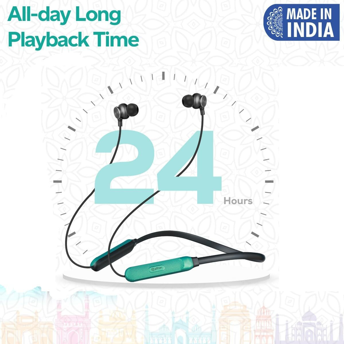 pTron Tangent Duo In-Ear Wireless Headphones with Mic, 13mm Driver, Bluetooth V5.2, Dual Device Pairing, Fast Charging Type-C Wireless Neckband, Voice Assistant & IPX4 Water Resistant(Jet Black/Green)