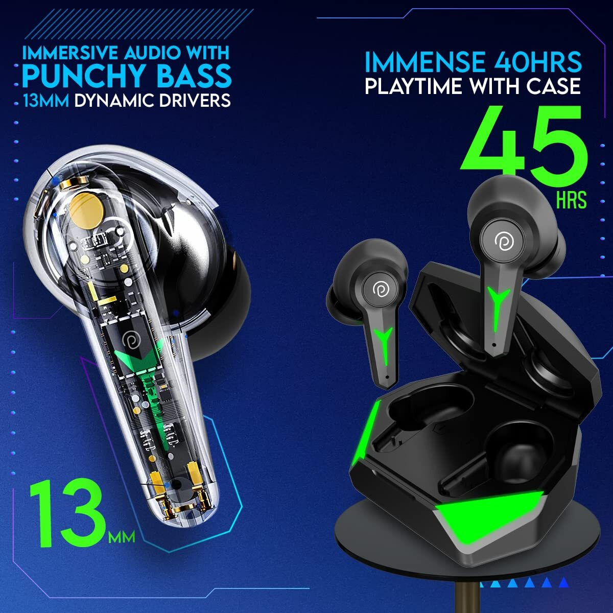 pTron PlayBuds 2 in-Ear TWS Earbuds with TruTalk AI-ENC Calls, 40ms Game/Music Mode, 45Hrs Playtime, 13mm Drivers, Bluetooth V5.3 Headphones, Type-C Fast Charging & IPX5 Water Resistant (Raven Black)