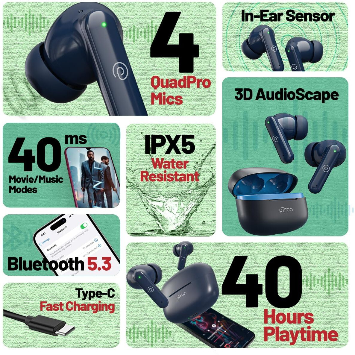 pTron Zenbuds X1 Quad Mic TWS Earbuds with 40hrs Playtime, In-Ear Sensor, TruTalk AI-ENC Calls, 40ms Movie/Music Modes, Bluetooth 5.3 Headphones, TypeC Fast Charging & IPX5 Water Resistant (Bold Blue)