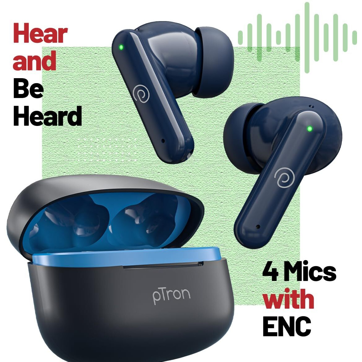 pTron Zenbuds X1 Quad Mic TWS Earbuds with 40hrs Playtime, In-Ear Sensor, TruTalk AI-ENC Calls, 40ms Movie/Music Modes, Bluetooth 5.3 Headphones, TypeC Fast Charging & IPX5 Water Resistant (Bold Blue)