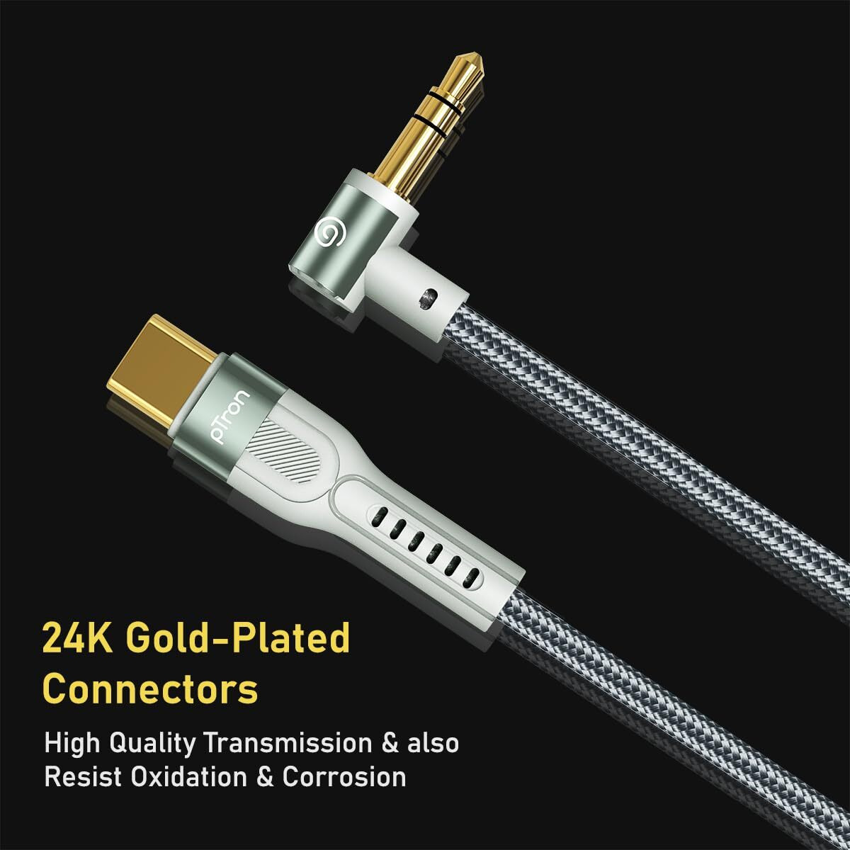 pTron Type-C to 3.5mm Aux Cable, 1.5m Nylon Braided, 90 Degree Gold-plated Connector, Male to Male Stereo Audio Cable, Metal Heads, Compatible with iPhone 15 Pro Max/15 Pro/15 Plus, Solero A15 (Grey)