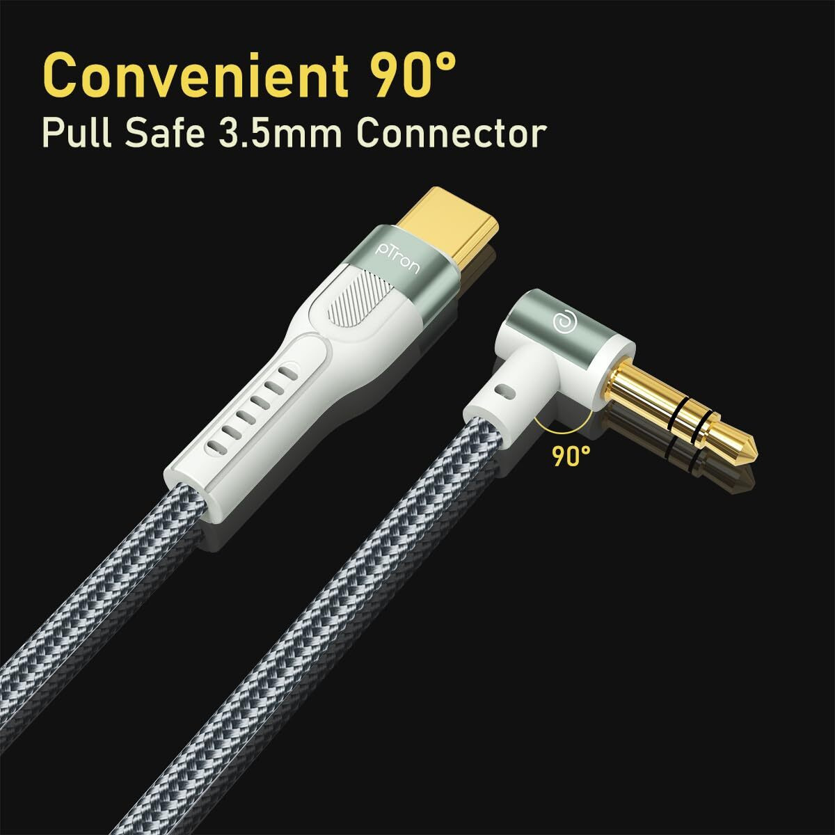 pTron Type-C to 3.5mm Aux Cable, 1.5m Nylon Braided, 90 Degree Gold-plated Connector, Male to Male Stereo Audio Cable, Metal Heads, Compatible with iPhone 15 Pro Max/15 Pro/15 Plus, Solero A15 (Grey)