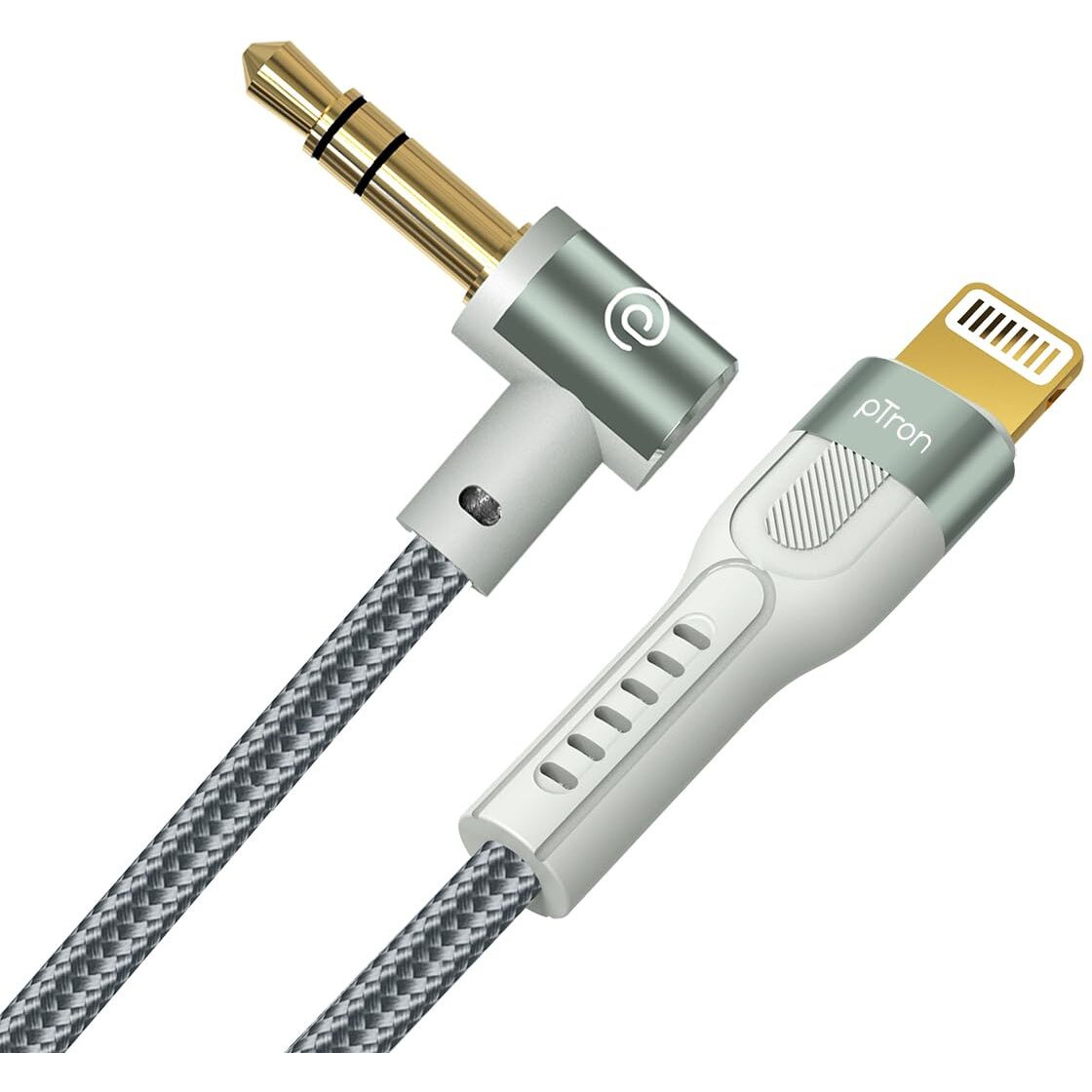 pTron 8-pin iOs to 3.5mm Aux Cable, 1.5m Nylon Braided, 90 Degree Gold-plated Connector, Male to Male Audio Cable, Metal Heads, Compatible with iPhone x/8/7/plus/6/6s/xs/xr/xs max, Solero A15 (Grey)