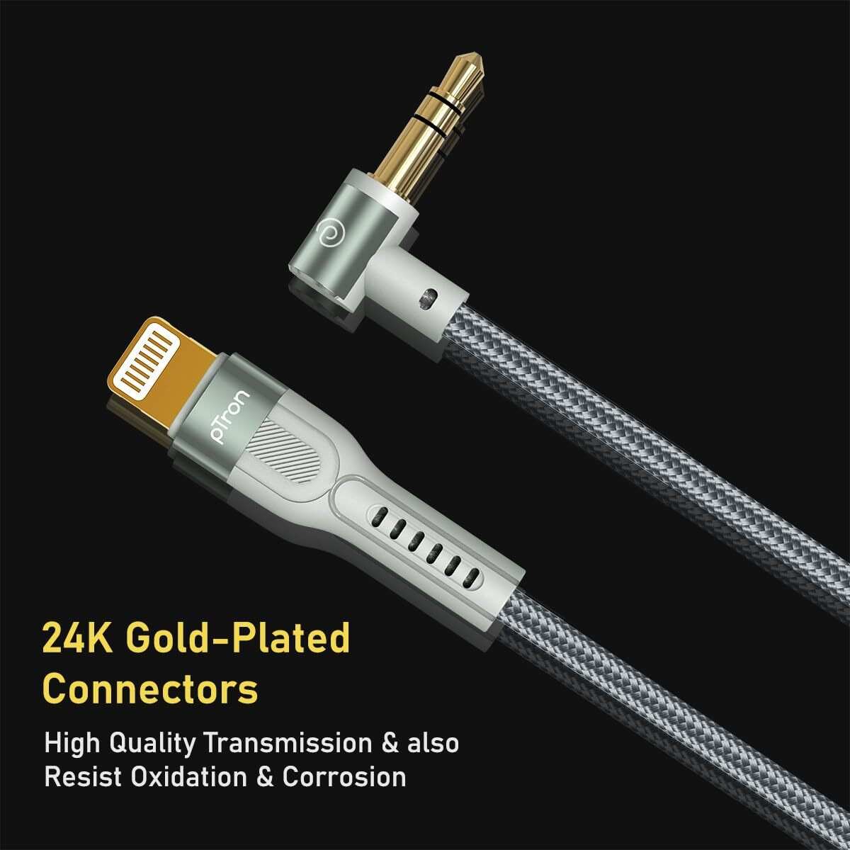 pTron 8-pin iOs to 3.5mm Aux Cable, 1.5m Nylon Braided, 90 Degree Gold-plated Connector, Male to Male Audio Cable, Metal Heads, Compatible with iPhone x/8/7/plus/6/6s/xs/xr/xs max, Solero A15 (Grey)