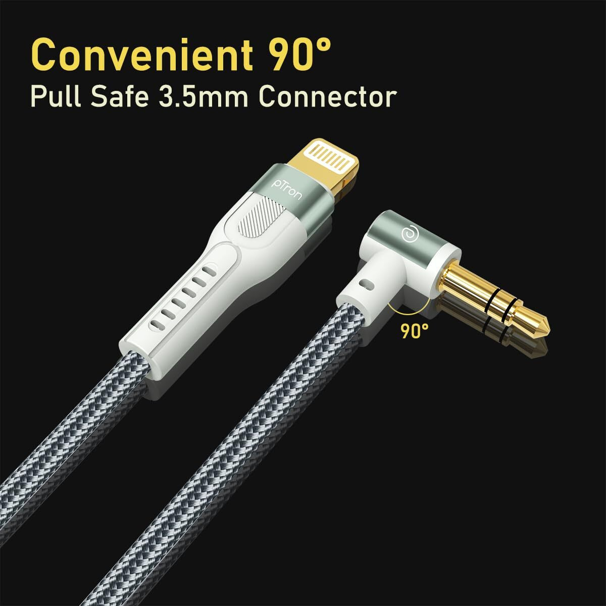 pTron 8-pin iOs to 3.5mm Aux Cable, 1.5m Nylon Braided, 90 Degree Gold-plated Connector, Male to Male Audio Cable, Metal Heads, Compatible with iPhone x/8/7/plus/6/6s/xs/xr/xs max, Solero A15 (Grey)