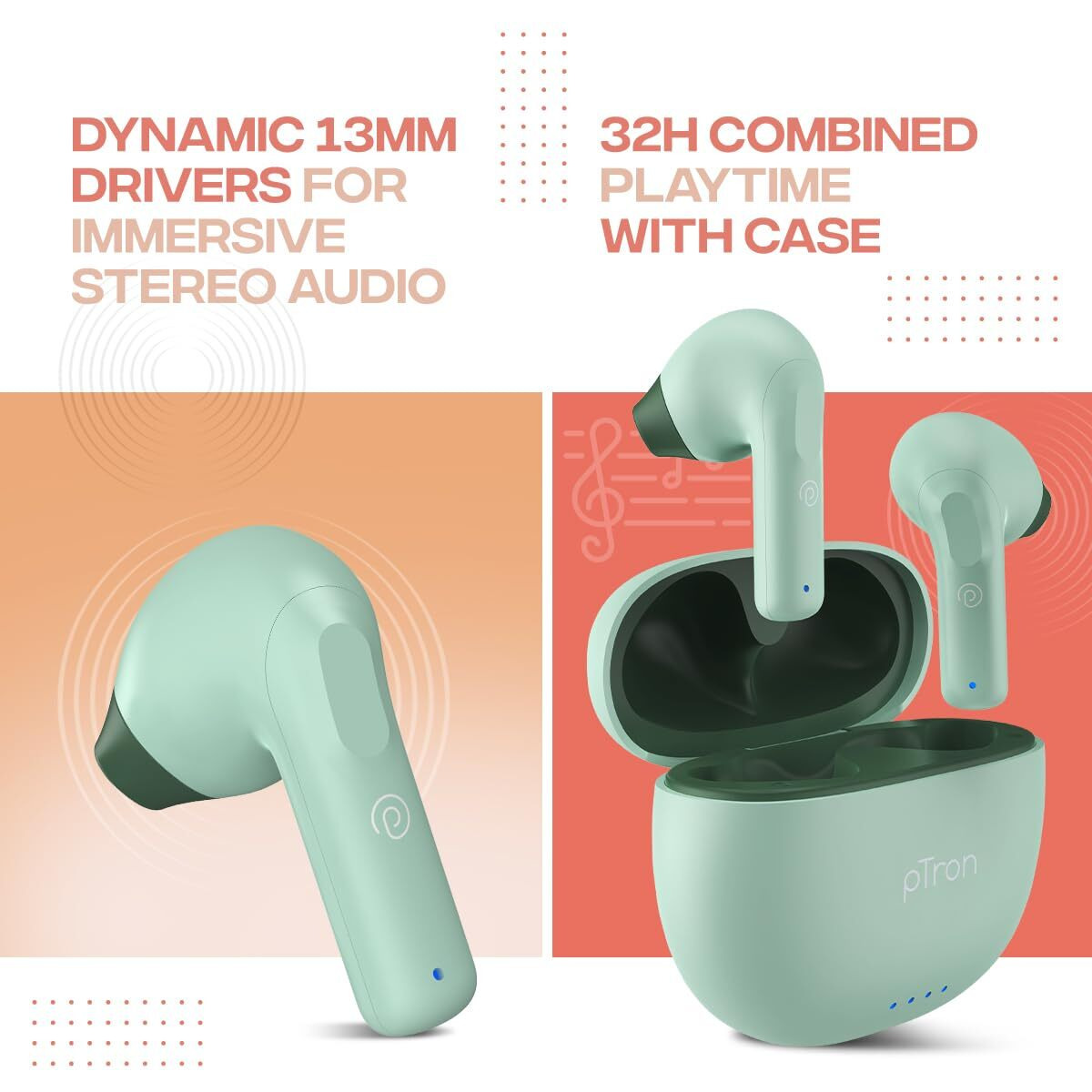 pTron Bassbuds NX TWS Earbuds, TruTalk AI-ENC Calls, 32Hrs Playtime, Immersive Audio, In-Ear Bluetooth 5.3 Wireless Headphone, Voice Assistant, Type-C Fast Charging & IPX5 Water Resistant (Mint Green)