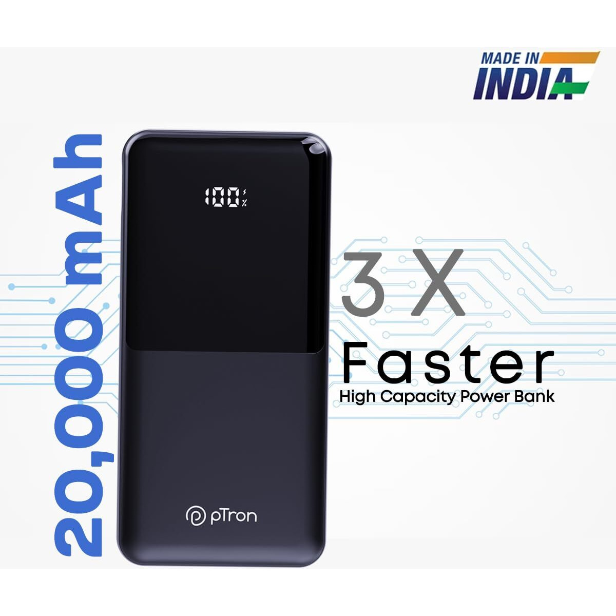 pTron Dynamo Power 20000mAh 22.5W Super Fast Charging Power Bank with Quick Charge & 20W Power Delivery, Built-in Charging Cables, 4 Outputs, Type-C Input/Output Port & LED Battery Display (Black)