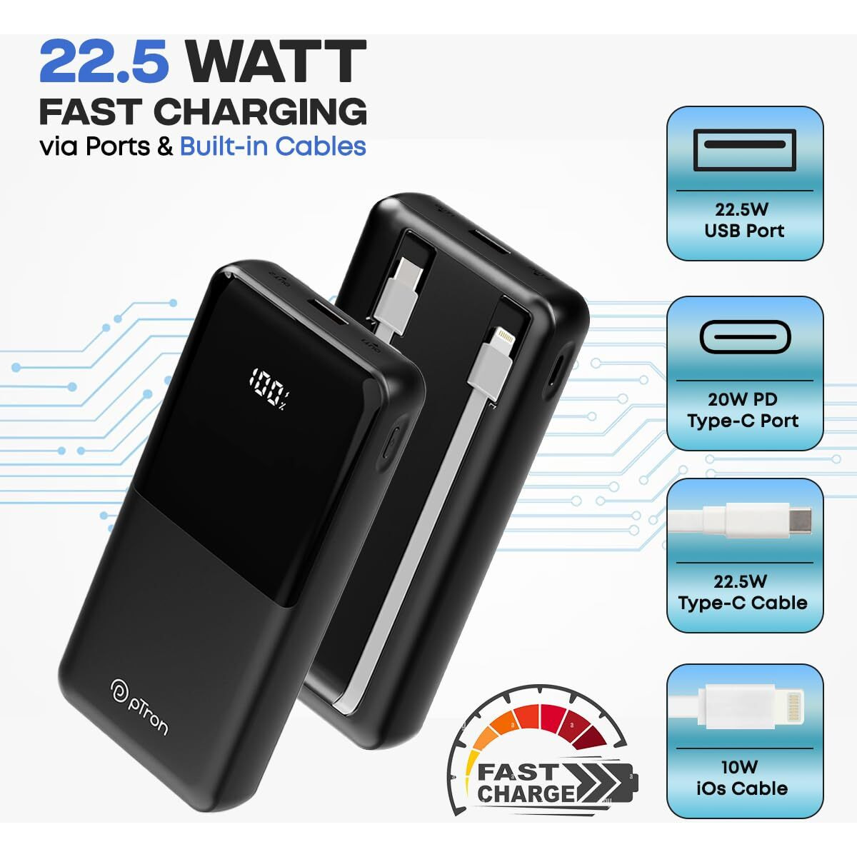 pTron Dynamo Power 20000mAh 22.5W Super Fast Charging Power Bank with Quick Charge & 20W Power Delivery, Built-in Charging Cables, 4 Outputs, Type-C Input/Output Port & LED Battery Display (Black)
