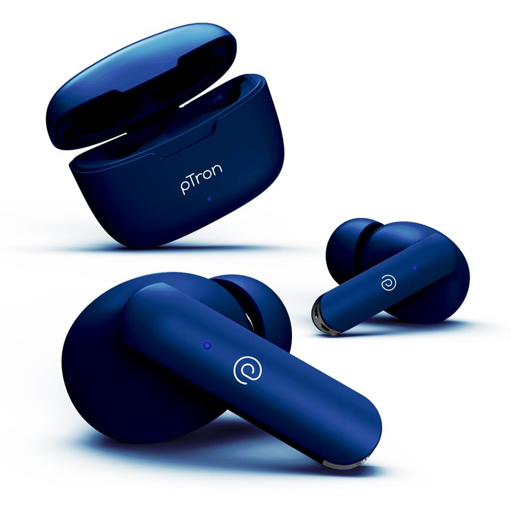 pTron Bassbuds Duo TWS Wireless Earbuds, Immersive Sound, 32Hrs Playtime, Clear Calls, Bluetooth V5.1 Headphones, in-Ear Snug Fit Design, Type-C Fast Charging, Voice Assistant & IPX4 (Navy Blue)