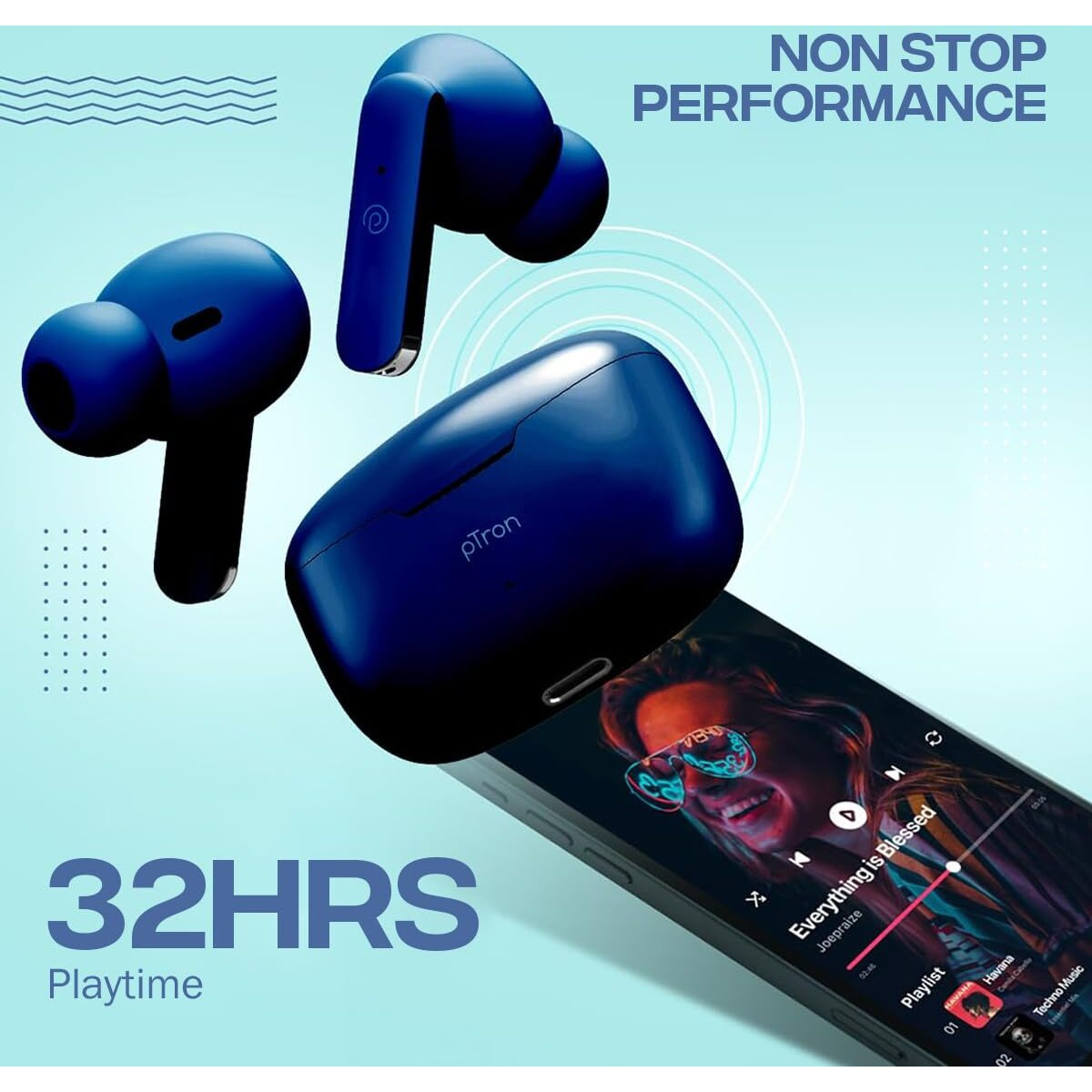 pTron Bassbuds Duo TWS Wireless Earbuds, Immersive Sound, 32Hrs Playtime, Clear Calls, Bluetooth V5.1 Headphones, in-Ear Snug Fit Design, Type-C Fast Charging, Voice Assistant & IPX4 (Navy Blue)
