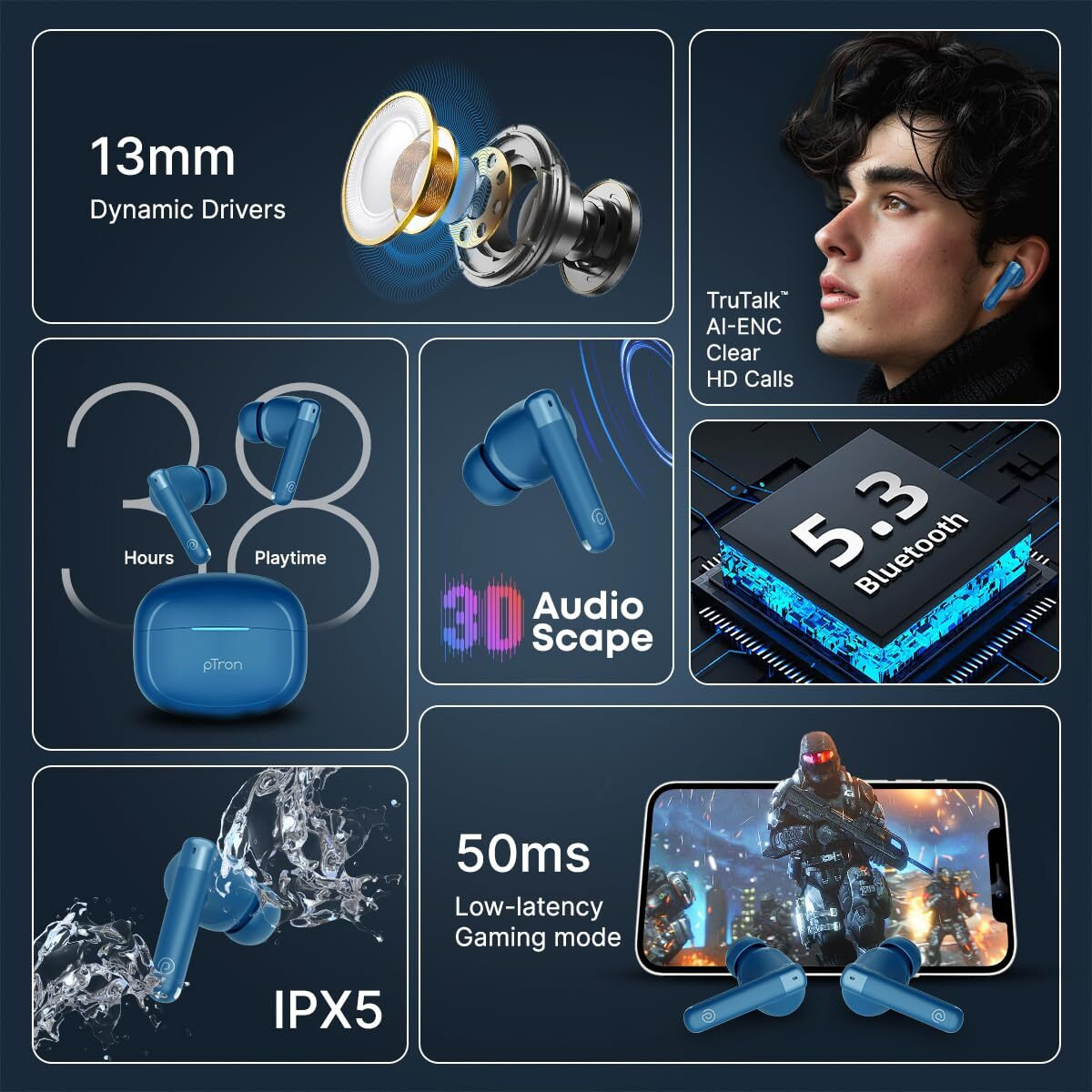 pTron Bassbuds Duo Pro TWS in-Ear Earbuds with 3D Audioscape, Ultra HD Mic for TruTalk AI ENC Calls, 38hrs Playtime, 50Ms Low Latency,BT 5.3 &, Fast Type-C Charging & IPX5 Water Resistant(Steel Blue)