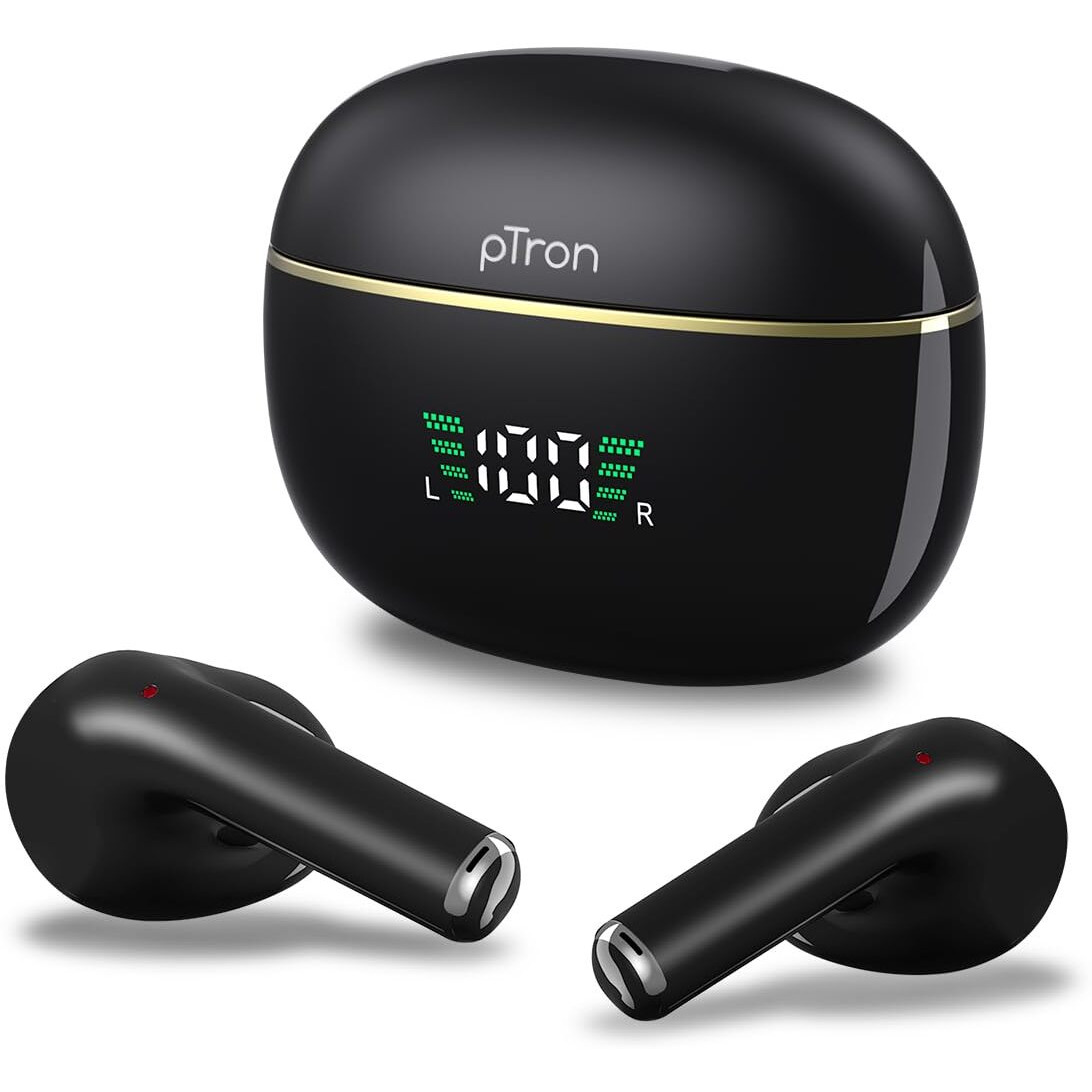 pTron Basspods P681 TWS Earbuds with Dual Mic & TruTalk AI-ENC Calls, Hypnotic Sound, 28H Playtime,Music/Game Modes, BT v5.3 In-Ear Wireless Headphones,Pinch Touch Control, Type-C Charge (Pearl Black)