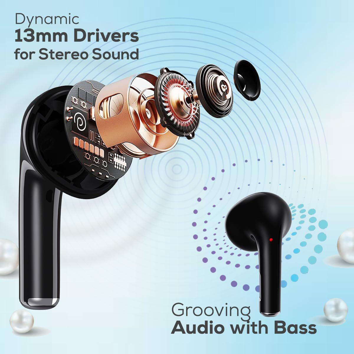 pTron Basspods P681 TWS Earbuds with Dual Mic & TruTalk AI-ENC Calls, Hypnotic Sound, 28H Playtime,Music/Game Modes, BT v5.3 In-Ear Wireless Headphones,Pinch Touch Control, Type-C Charge (Pearl Black)