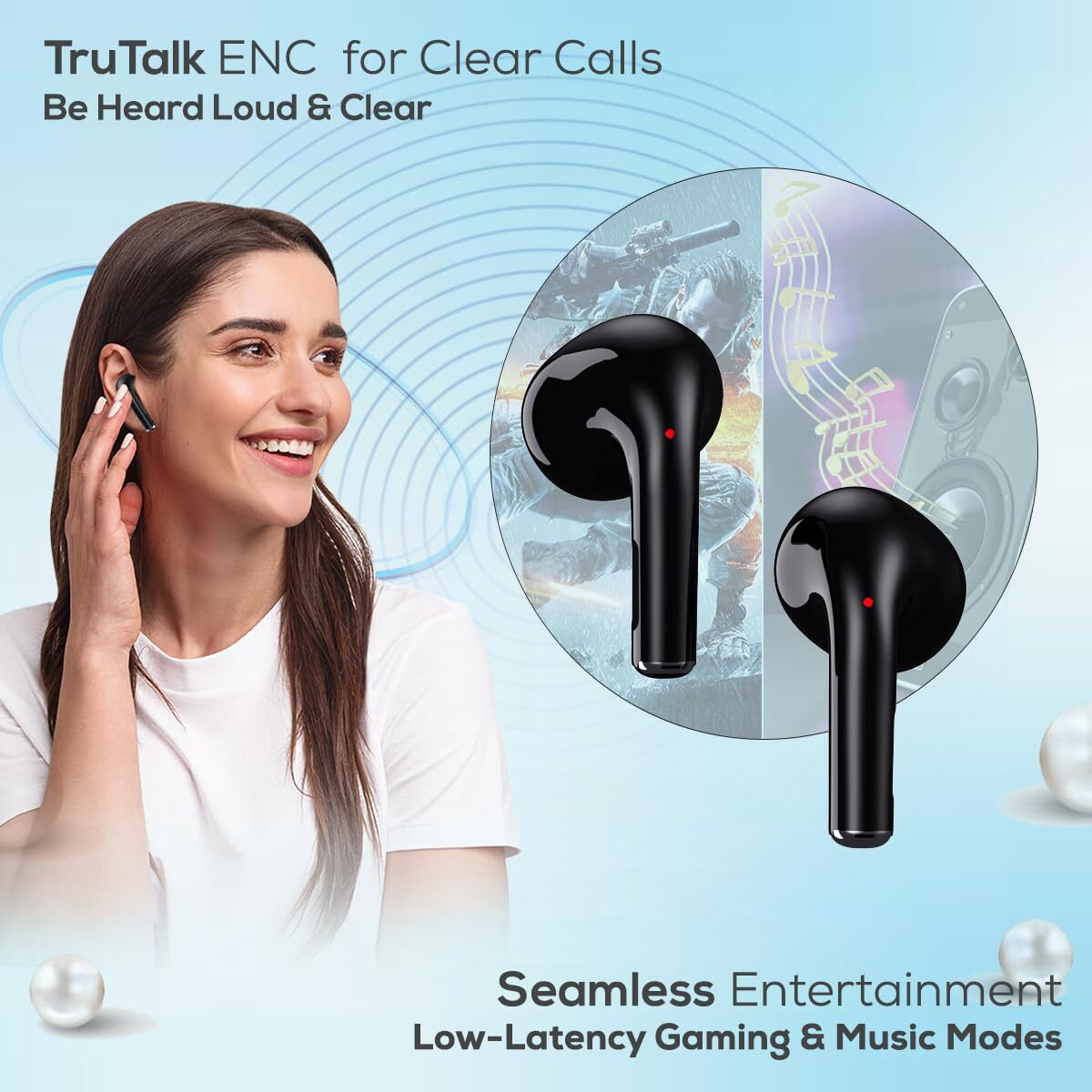 pTron Basspods P681 TWS Earbuds with Dual Mic & TruTalk AI-ENC Calls, Hypnotic Sound, 28H Playtime,Music/Game Modes, BT v5.3 In-Ear Wireless Headphones,Pinch Touch Control, Type-C Charge (Pearl Black)