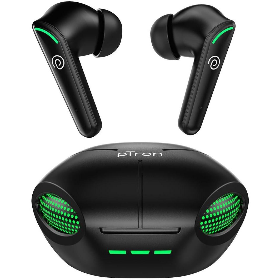 pTron Bassbuds Viper in-Ear TWS Earbuds, AptSense 40ms Gaming Latency, TruTalk AI-ENC Call, 32H Playtime, Deep Bass, BT5.3 Headphones, Touch Controls, Voice Assist, Type C Fast Charging (Jet Black)