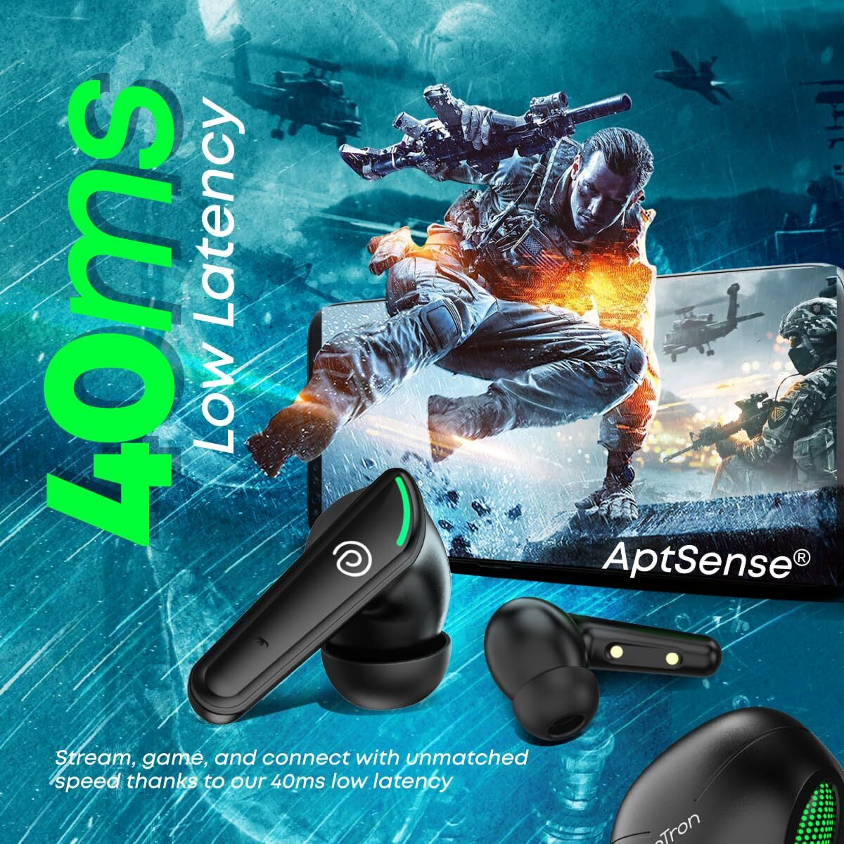 pTron Bassbuds Viper in-Ear TWS Earbuds, AptSense 40ms Gaming Latency, TruTalk AI-ENC Call, 32H Playtime, Deep Bass, BT5.3 Headphones, Touch Controls, Voice Assist, Type C Fast Charging (Jet Black)
