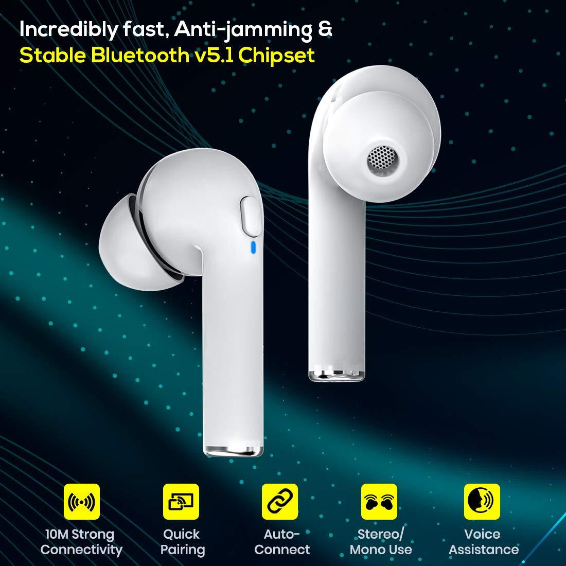 pTron Bassbuds Vista in-Ear TWS Earbuds, HD Mic for Clear Calls, Immersive Audio, Snug-fit Buds, Bluetooth v5.1 with Quick Pairing, Passive Noise Cancelation, Voice Assist & IPX4 (Snow White)