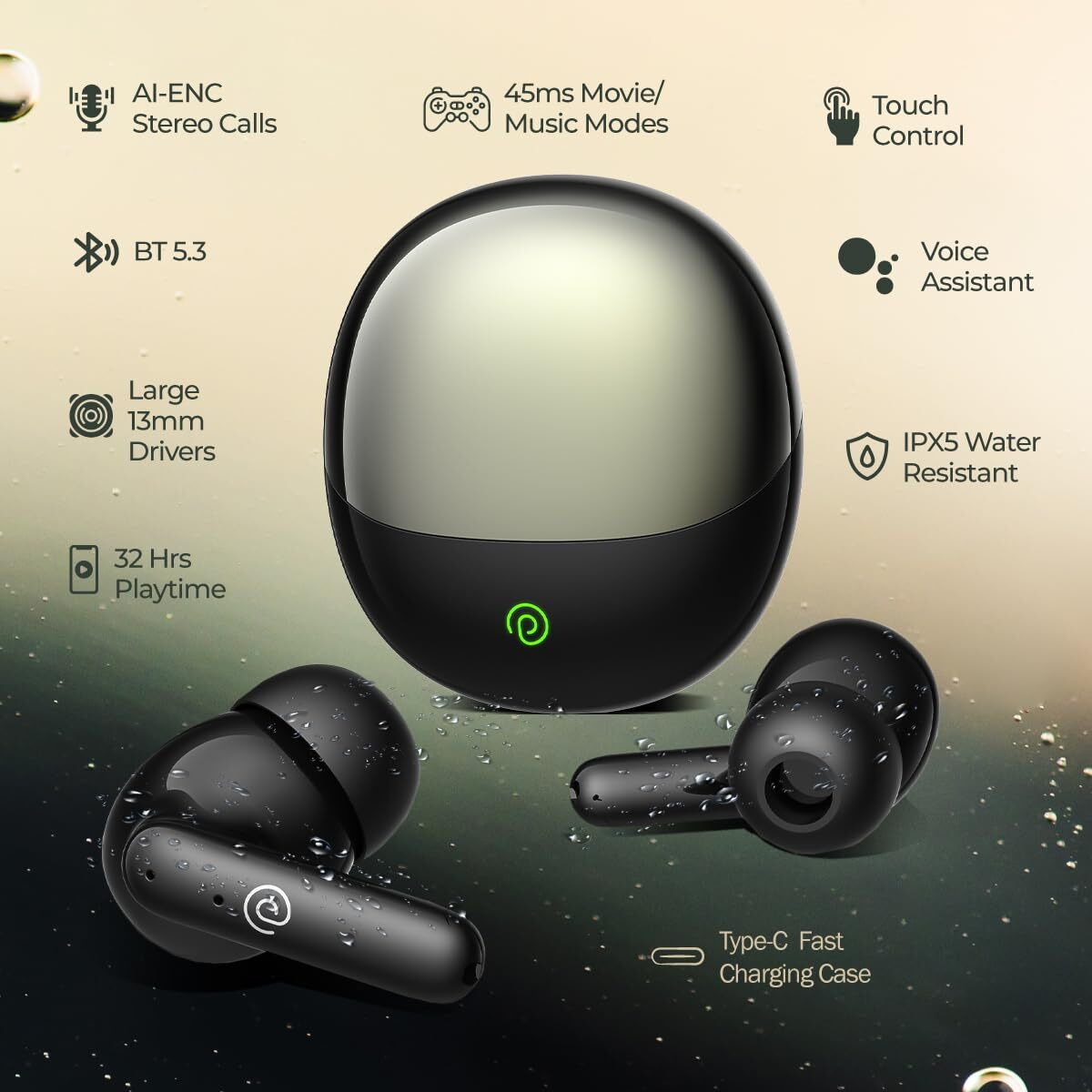 pTron Zenbuds Evo in-Ear TWS Earbuds, Built-in HD mics with TruTalk AI-ENC for Stereo Calls, 45ms Movie/Music Modes, 32Hrs Playtime, Bluetooth v5.3, IPX5 & Type-C Fast Charging (Jet Black)