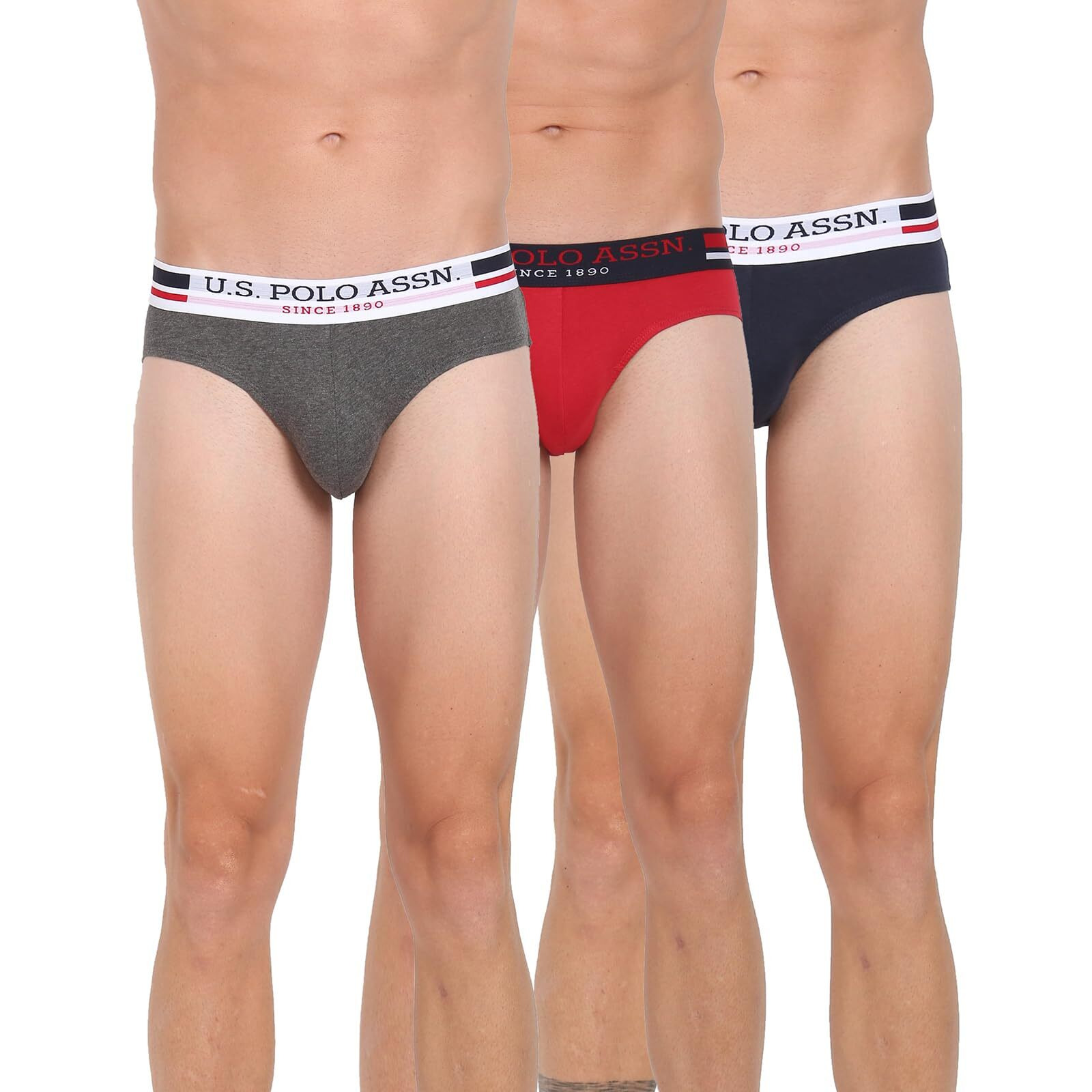 U.S. Polo Assn. Mens Elasticized Waist Pure Cotton I006 Briefs - Pack Of 3 (ANTHRA MEL/RED/NAVY L)