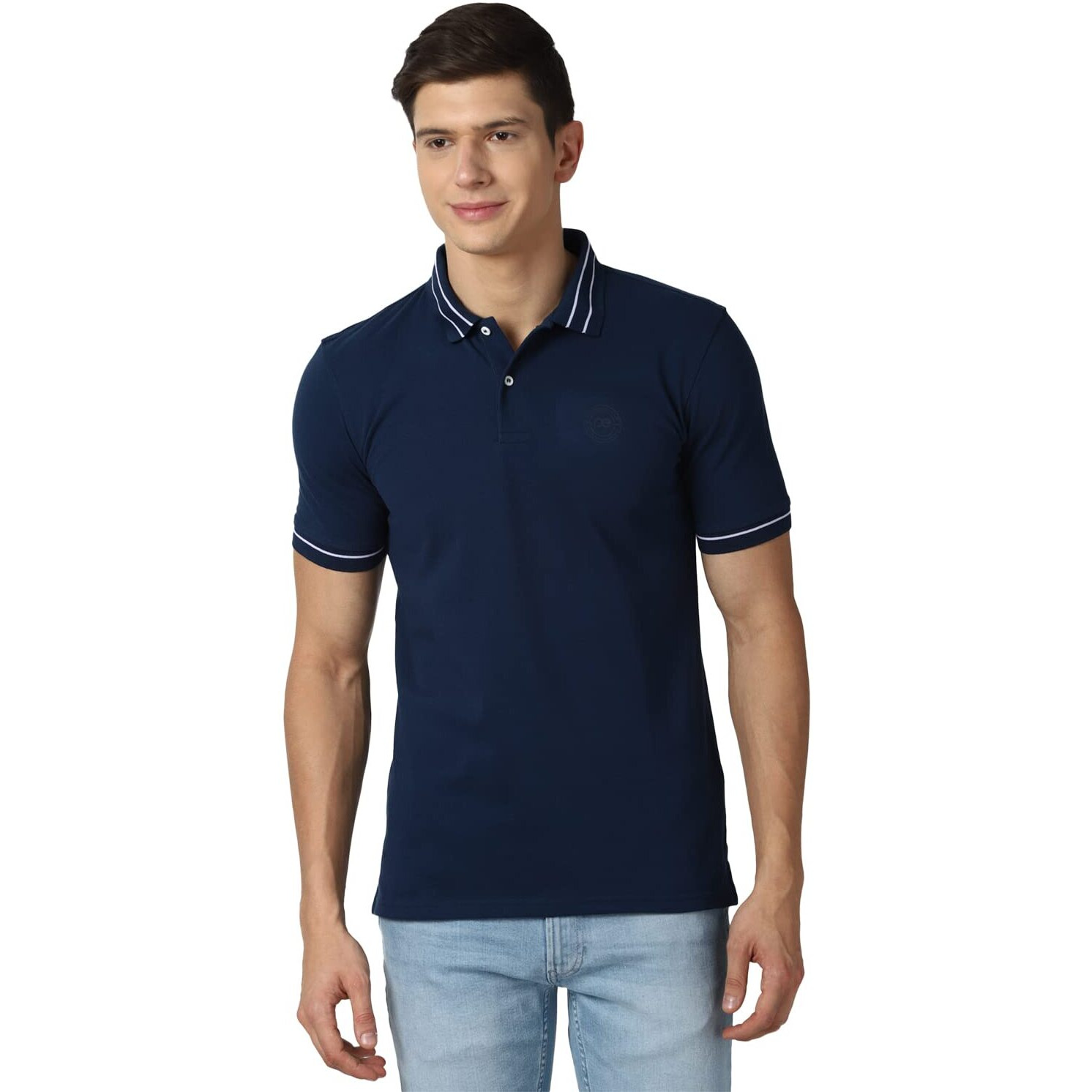 Peter England Men's Regular Fit Branded Insignia Half Sleeve Polo T-Shirt | Cotton Rich | Premium Pique Weave Medium Blue