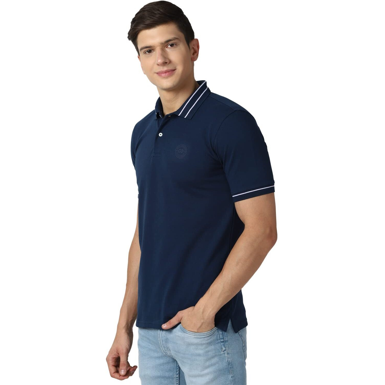 Peter England Men's Regular Fit Branded Insignia Half Sleeve Polo T-Shirt | Cotton Rich | Premium Pique Weave Medium Blue