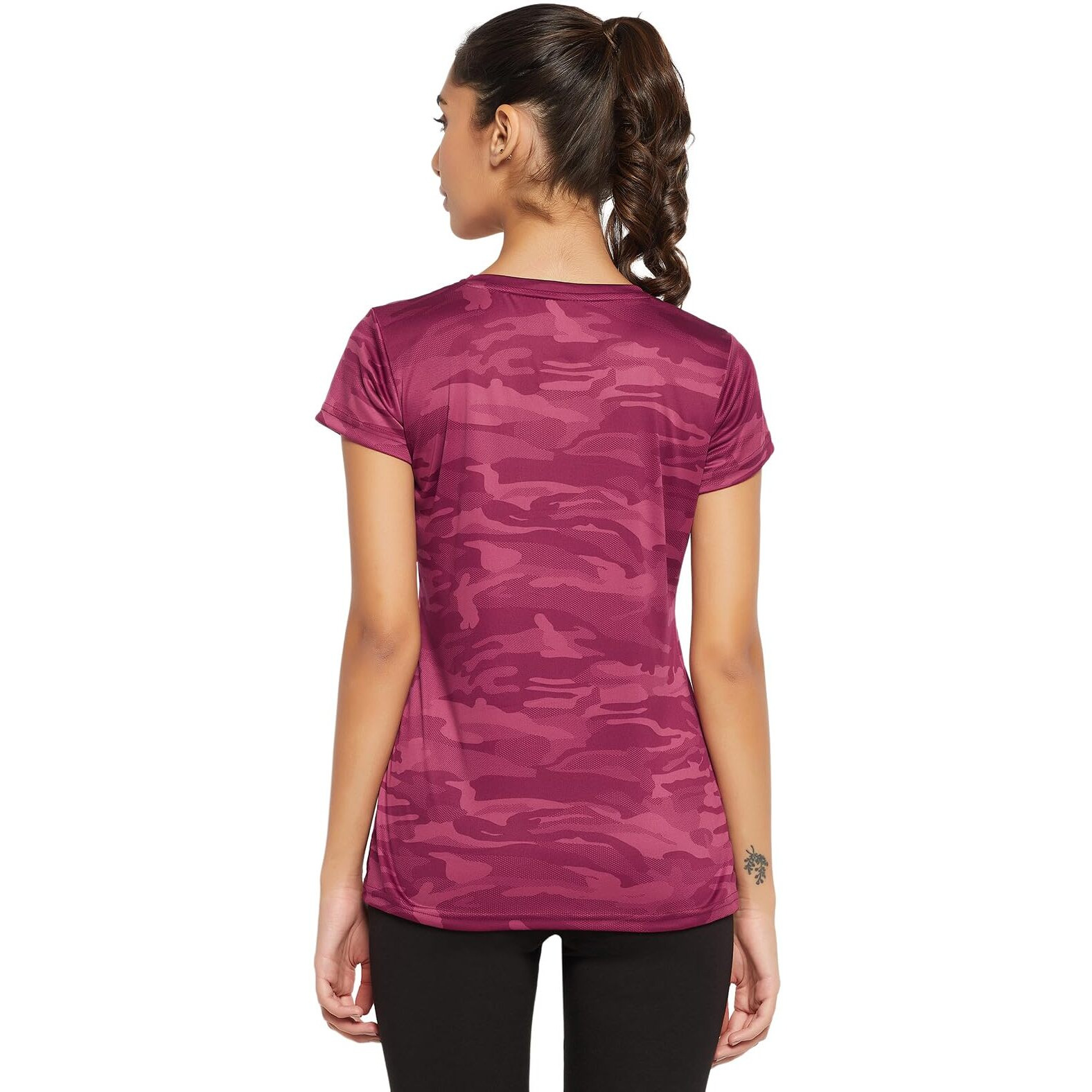 Clovia Women's Comfort Fit Camouflage Print Active T-Shirt(AT0124P09_Maroon_XXL)