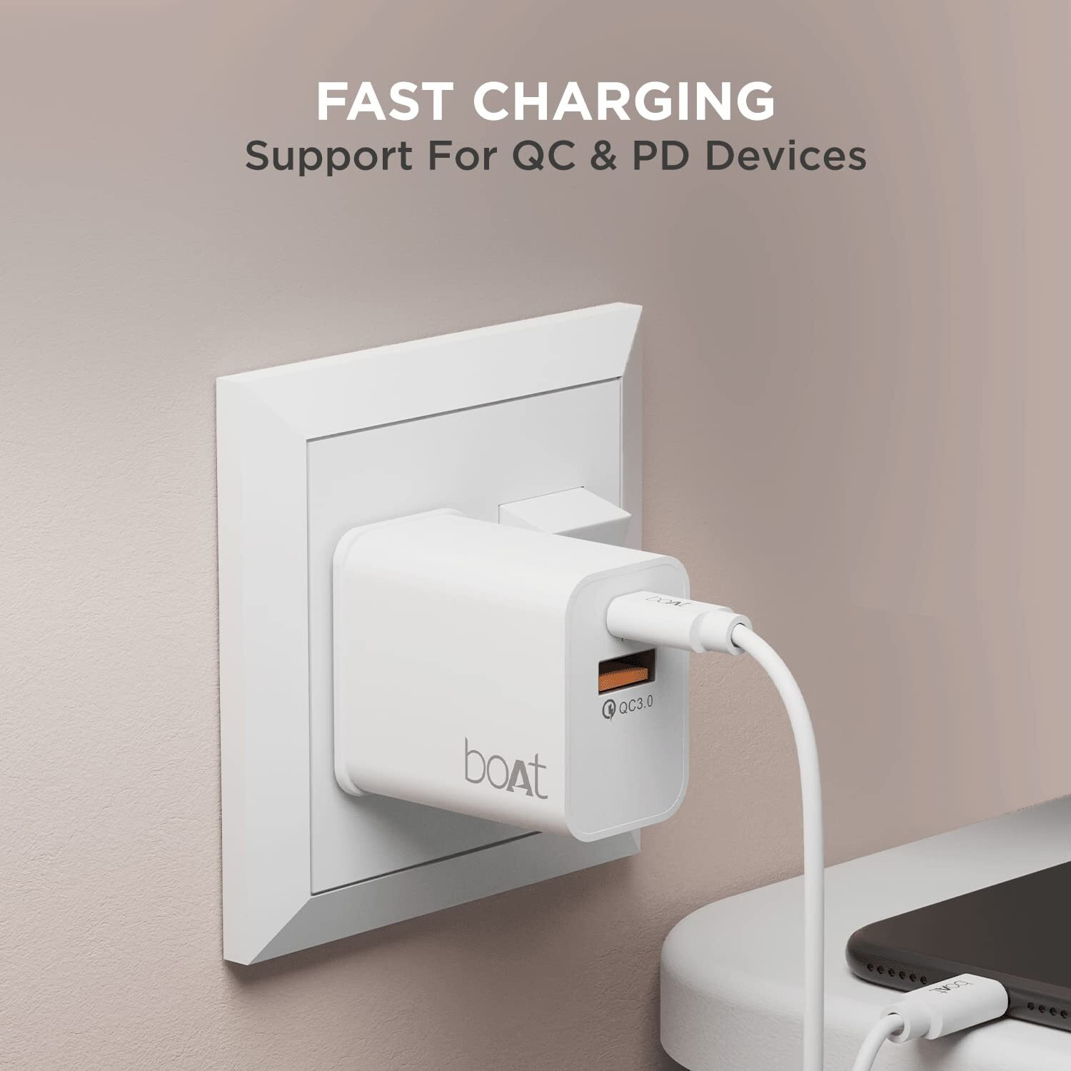 boAt WCDV 22.5W Dual Port Charger with 22.5W Power Delivery Support & 18W Quick Charge 3.0, Smart IC Protection, Auto Detection for Samsung, Xiaomi & Android Users with Type C to Type C Cable(White)