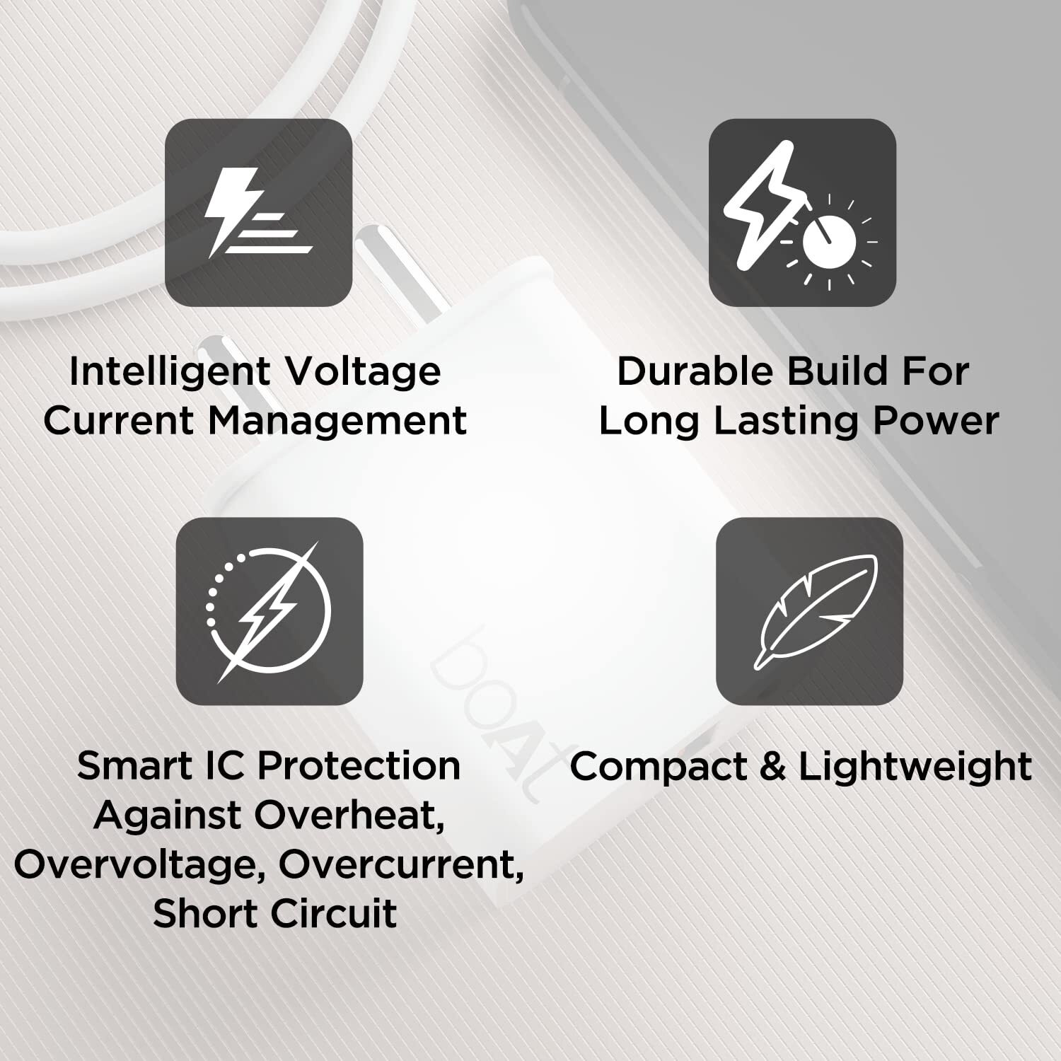 boAt WCDV 22.5W Dual Port Charger with 22.5W Power Delivery Support & 18W Quick Charge 3.0, Smart IC Protection, Auto Detection for Samsung, Xiaomi & Android Users with Type A to Type C Cable(White)