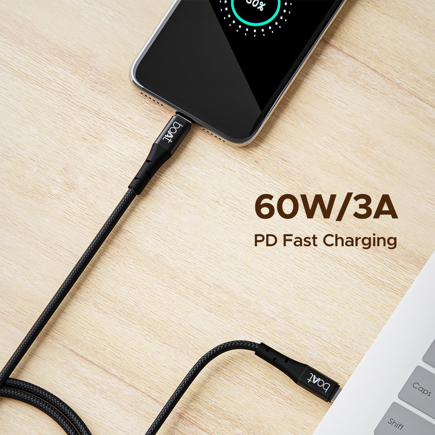 boAt Type-C C300 Tangle-Free, Sturdy Cable w/ 60W/3A PD Fast Charging, Compatible w/Xiaomi, Oneplus, Samsung, Vivo & Oppo, 480 Mbps Data Transmission Speed, Nylon Braided Skin & 1.5m Length(Black)