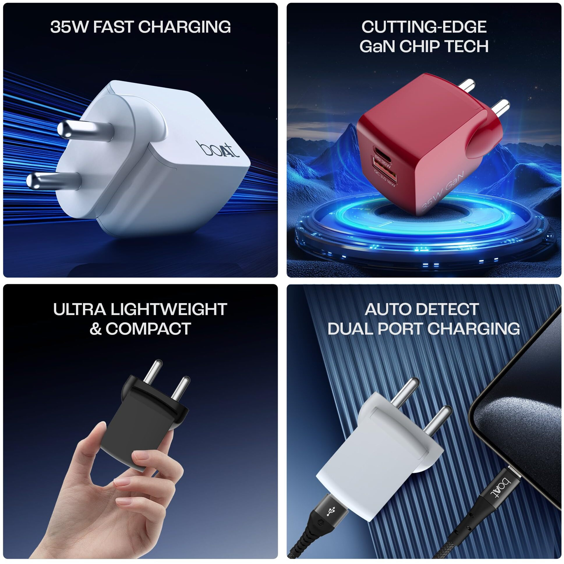 boAt 35W GaN Wall Charger w/GaN Chip Tech, Fast Charging w/PD,PPS & QC 3.0, Compatible w/iPhone 16/15/14/13, Samsung S23/S24, Vivo, Oppo, Oneplus & Smart IC Protection(Sleek Black)