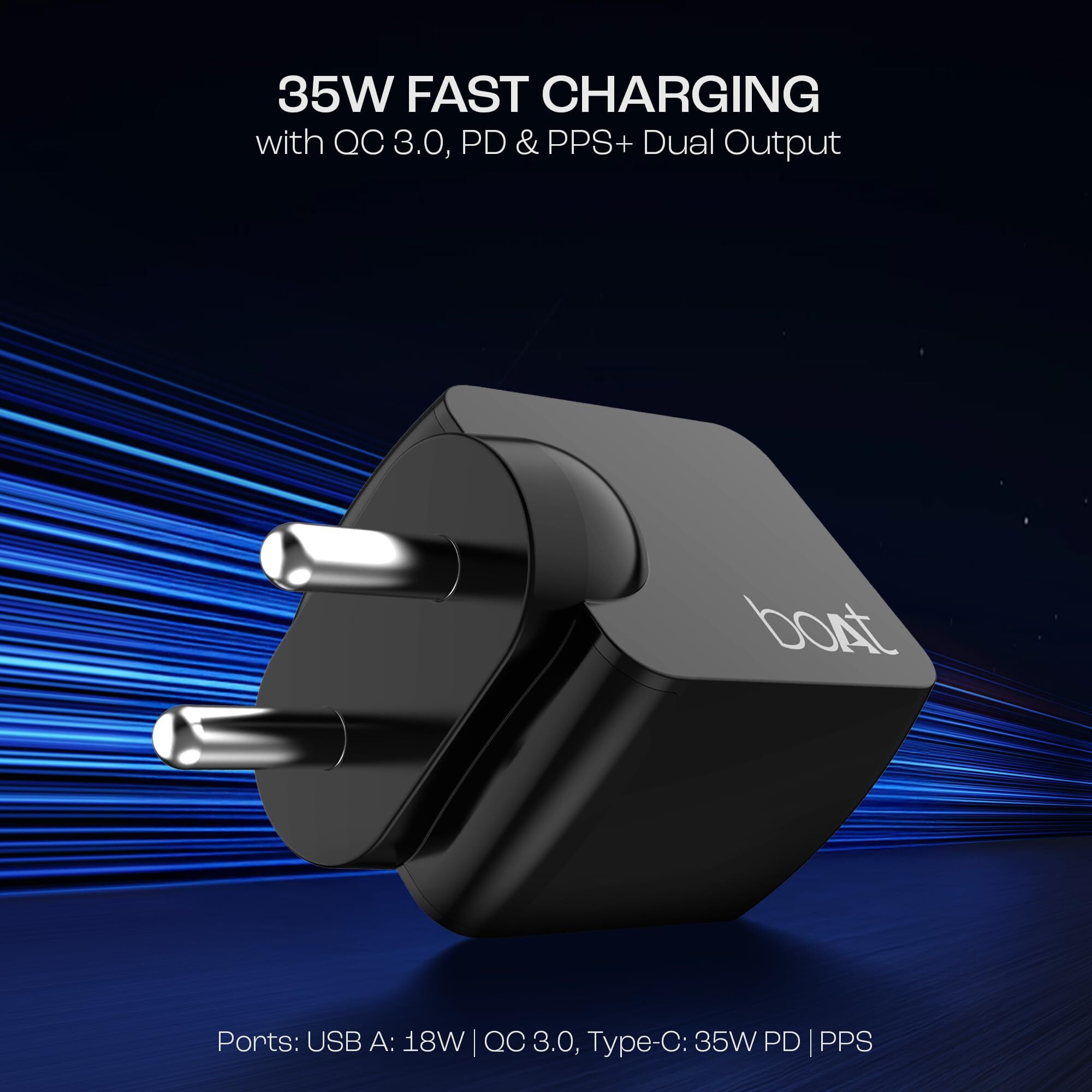 boAt 35W GaN Wall Charger w/GaN Chip Tech, Fast Charging w/PD,PPS & QC 3.0, Compatible w/iPhone 16/15/14/13, Samsung S23/S24, Vivo, Oppo, Oneplus & Smart IC Protection(Sleek Black)