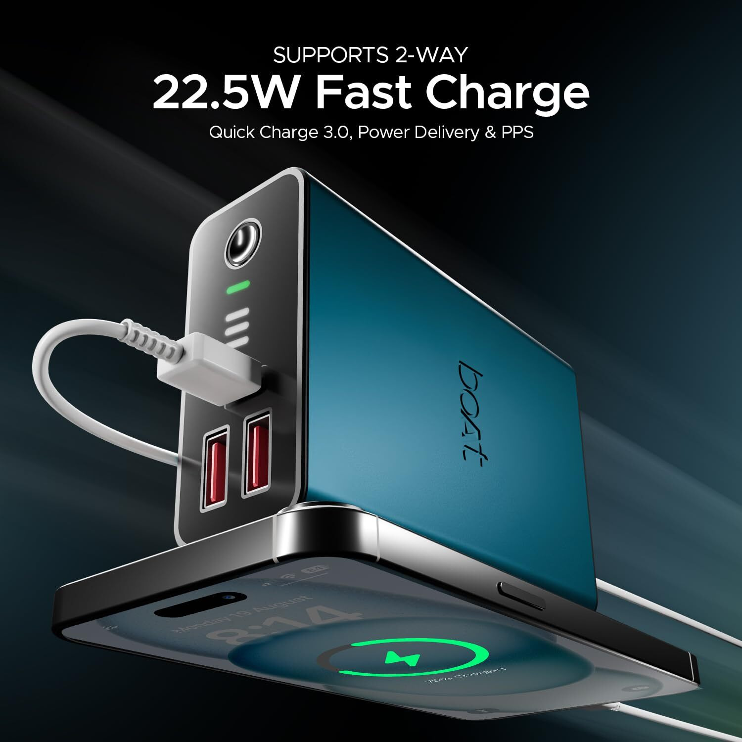boAt Energyshroom PB400 Pro 20000mAh | Pocket Size, Compact Power Bank w/Type-C Input (2-Way Port), 3X Output Ports, Compatible with Tablets, Smartphones, Earbuds, Smartwatch(Steel Blue)