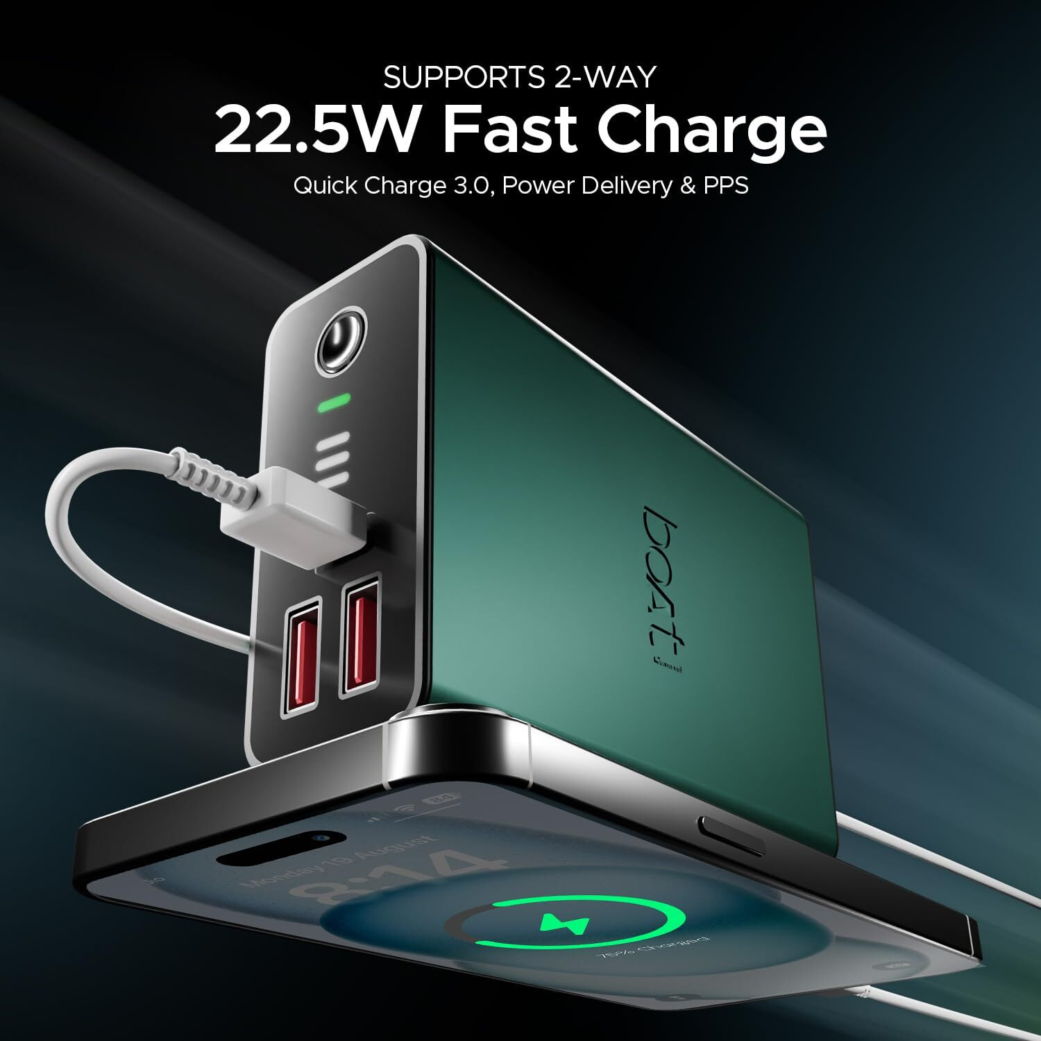 boAt Energyshroom PB400 Pro 20000mAh | Pocket Size, Compact Power Bank w/Type-C Input (2-Way Port), 3X Output Ports, Compatible with Tablets, Smartphones, Earbuds, Smartwatch(Emerald Green)