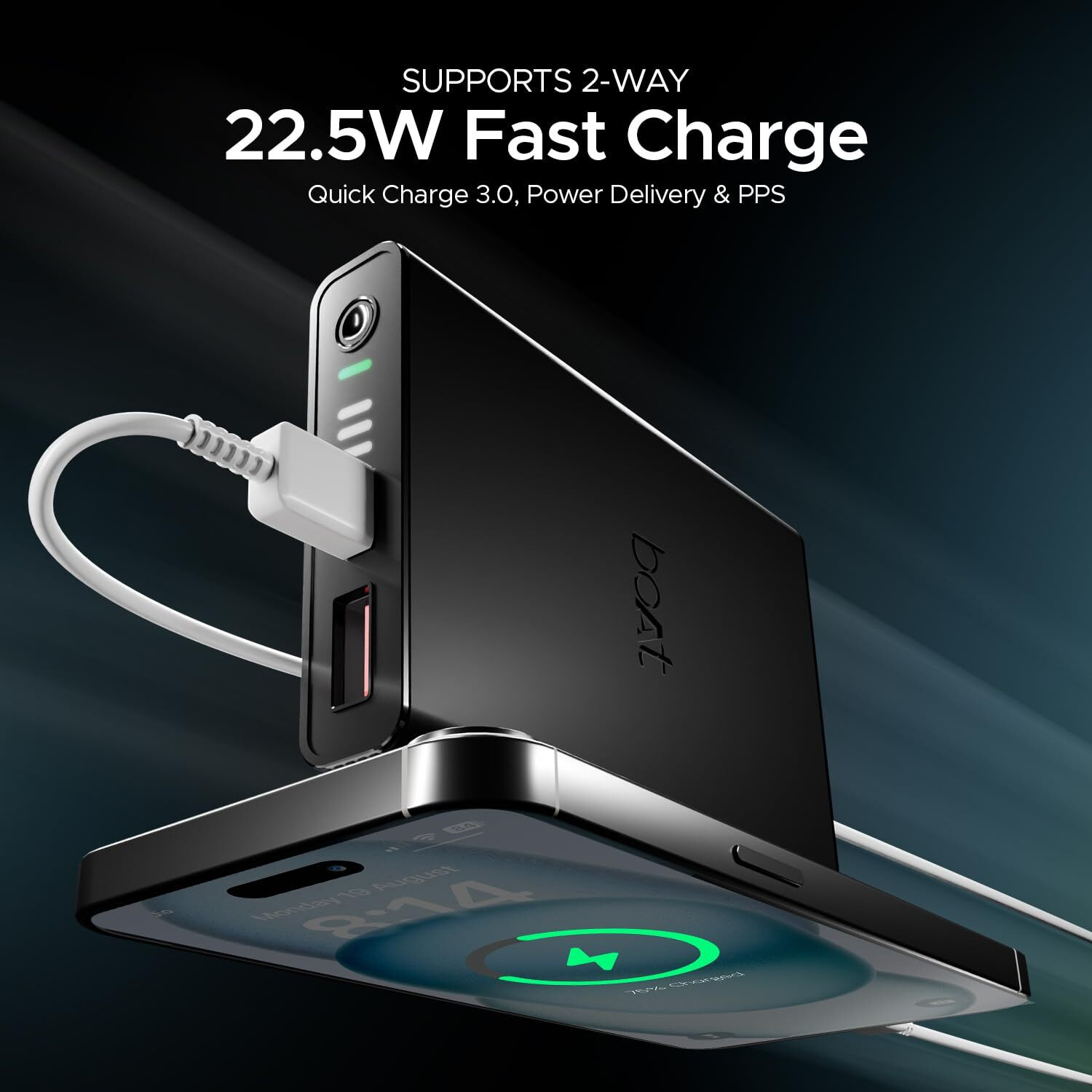 boAt Energyshroom PB300 Pro 10000mAh | Pocket Size Compact Power Bank, Type-C Input (2-Way Port), Pass-Through Charging, Compatible with Tablets, Smartphones, Earbuds, Smartwatch(Carbon Black)