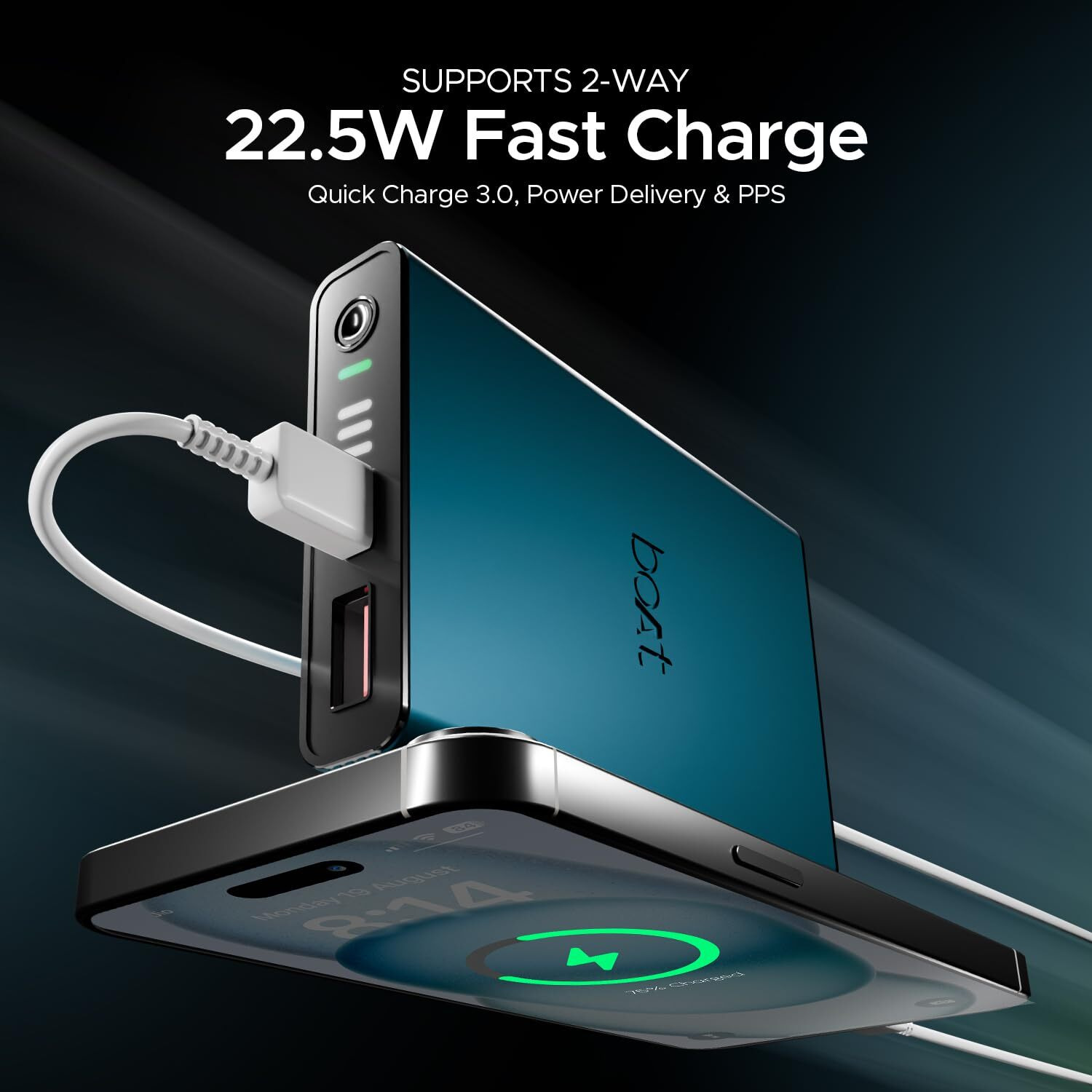 boAt Energyshroom PB300 Pro 10000mAh | Pocket Size Compact Power Bank, Type-C Input (2-Way Port), Pass-Through Charging, Compatible with Tablets, Smartphones, Earbuds, Smartwatch(Steel Blue)