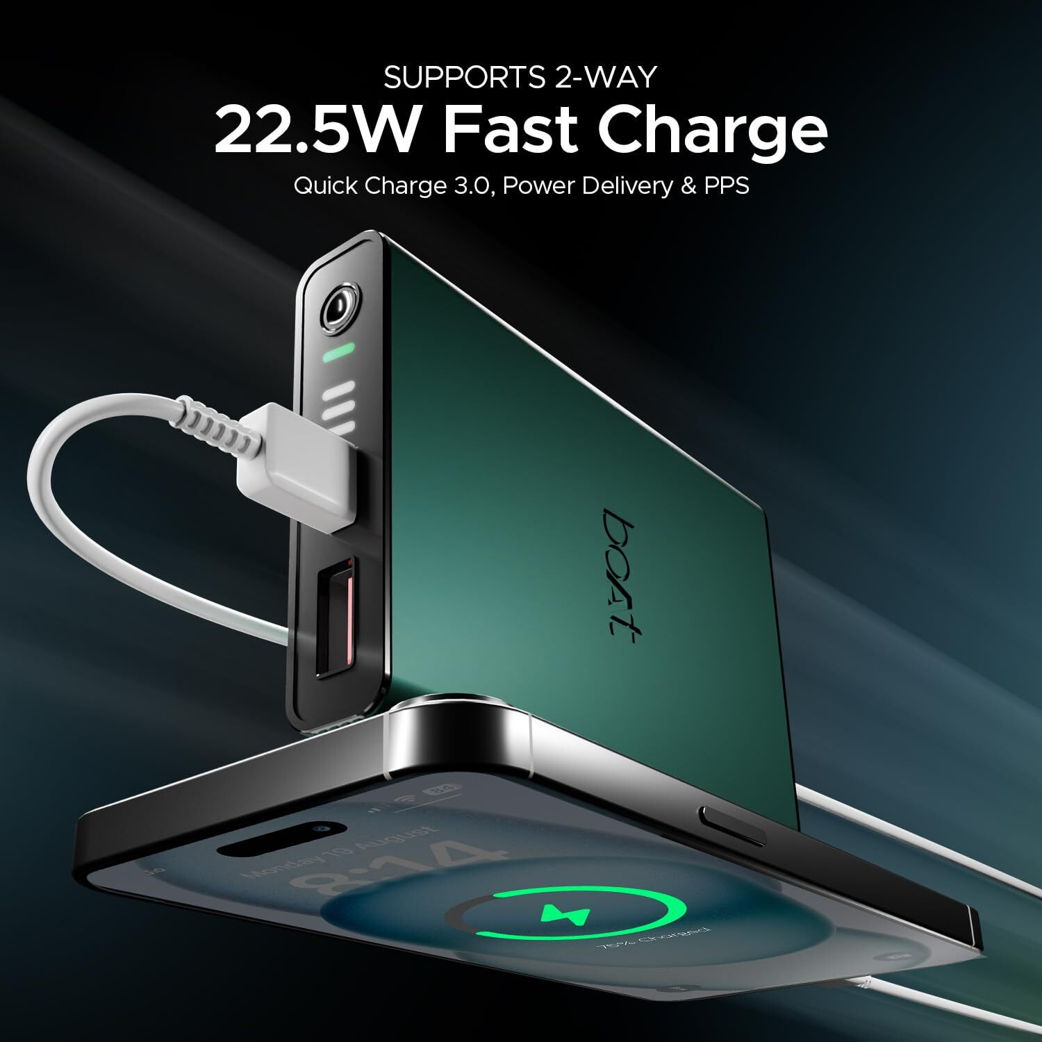 boAt Energyshroom PB300 Pro 10000mAh | Pocket Size Compact Power Bank, Type-C Input (2-Way Port), Pass-Through Charging, Compatible with Tablets, Smartphones, Earbuds, Smartwatch(Emerald Green)