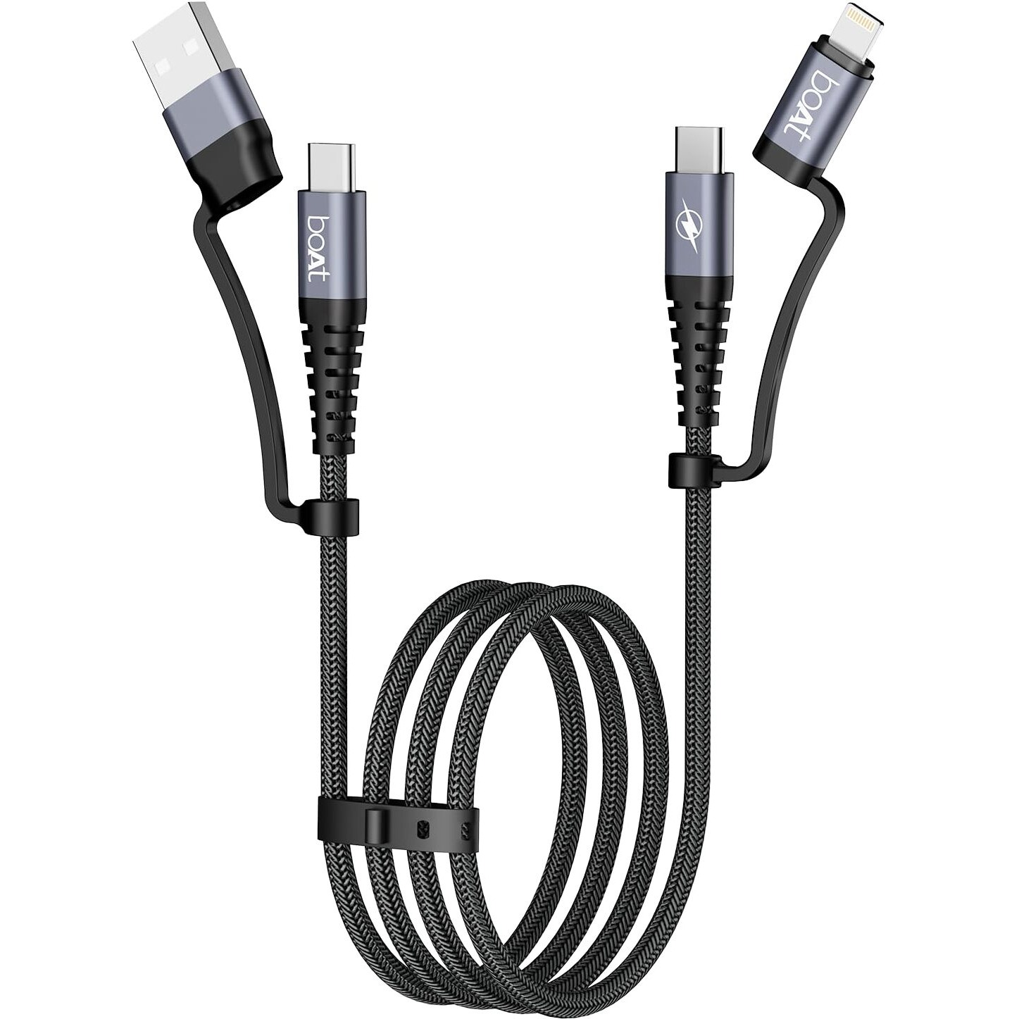 boAt FlexiCharge 400 Charging Cable w/ 4-in-1 Connectivity- USB-A, Type-C, & Lightning Ports, 60W/3A PD Fast Charging,480Mbps Data Sync,2 Swappable Heads,Silicon Cable Tie(Carbon Black)